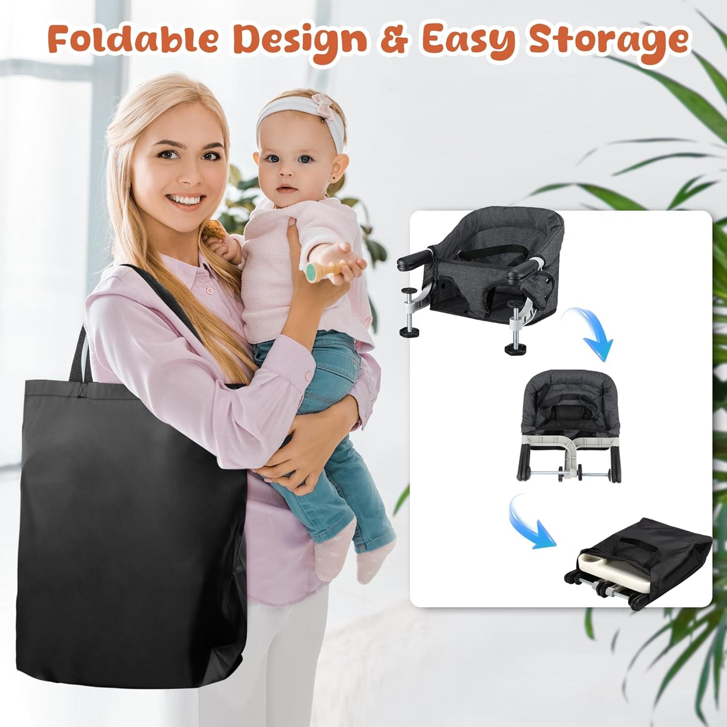 Hook On High Chair, Jozzve Clip on High Chair with Removable Dining Tray for Babies and Toddlers, Fold-Flat Storage Portable Baby Feeding Seat, Attach to Fast Table Chair for Home Travel (Black)