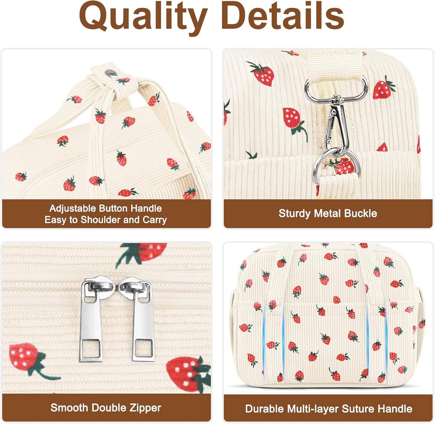 Corduroy Lunch Box Lunch Bag for Women Adults Men, Cute Strawberry Insulated Work Reusable Leakproof Simple Large Lunch Boxes Tote Bag Adults Cooler Bag, with Shoulder Strap