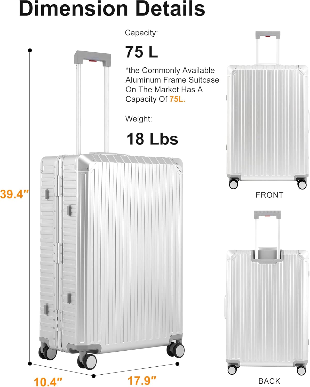 Mvst Luggage Premium All Aluminum Magnesium Carry On 20'' Lightweight Metal,Suitcase with Spinner Wheels Built-in Toiletry Set, Luggage Protector(silvery) (Silver, 29inch)