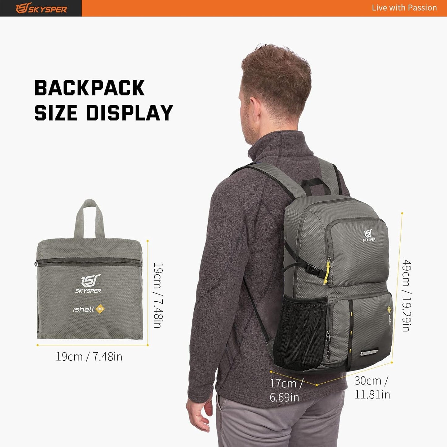 SKYSPER Lightweight Packable Backpack - 30L Hiking Daypack with Wet Pocket Foldable Travel Carry-on Backpack for Women Men