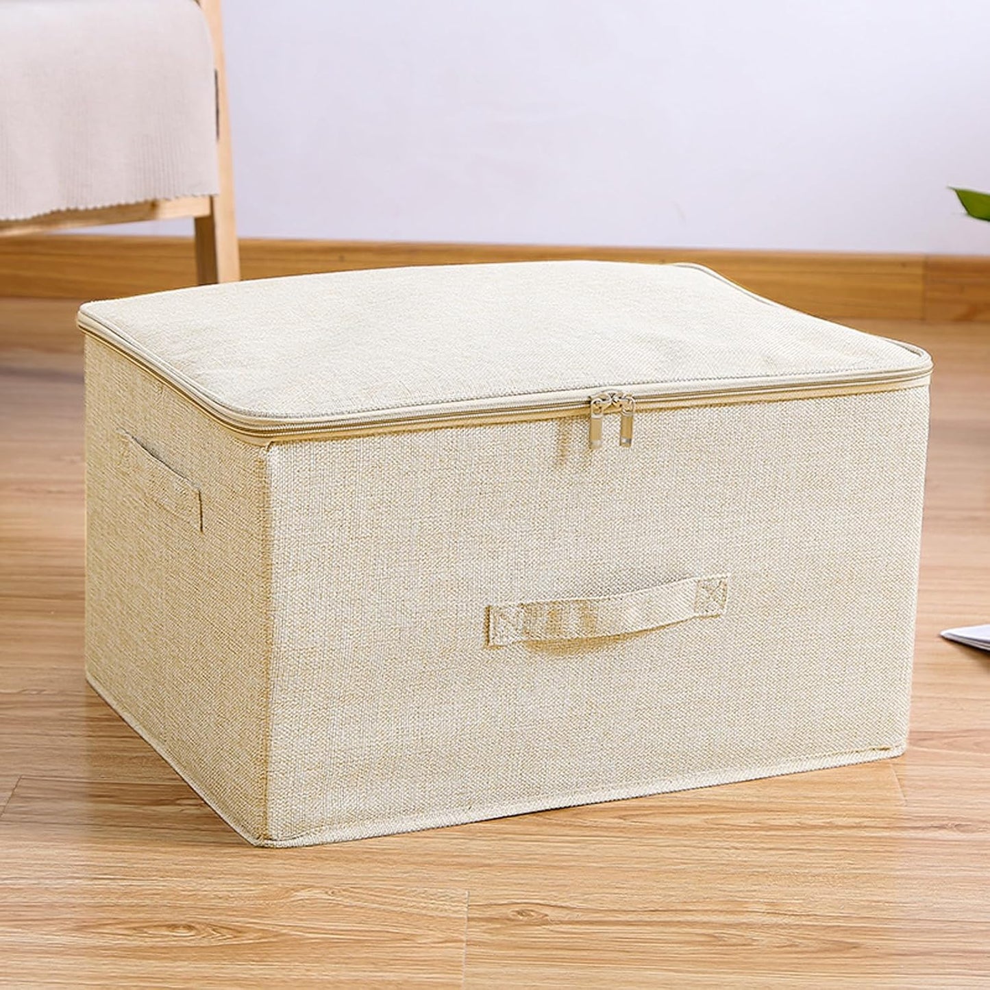 ANMINY 2PCS Storage Bins with Zipper Lids 51.9 Qt Lidded Fabric Storage Boxes Baskets Cubes with Handles Collapsible Washable Cotton Linen Closet Shelf Clothes Organizer - Beige, Extra Large