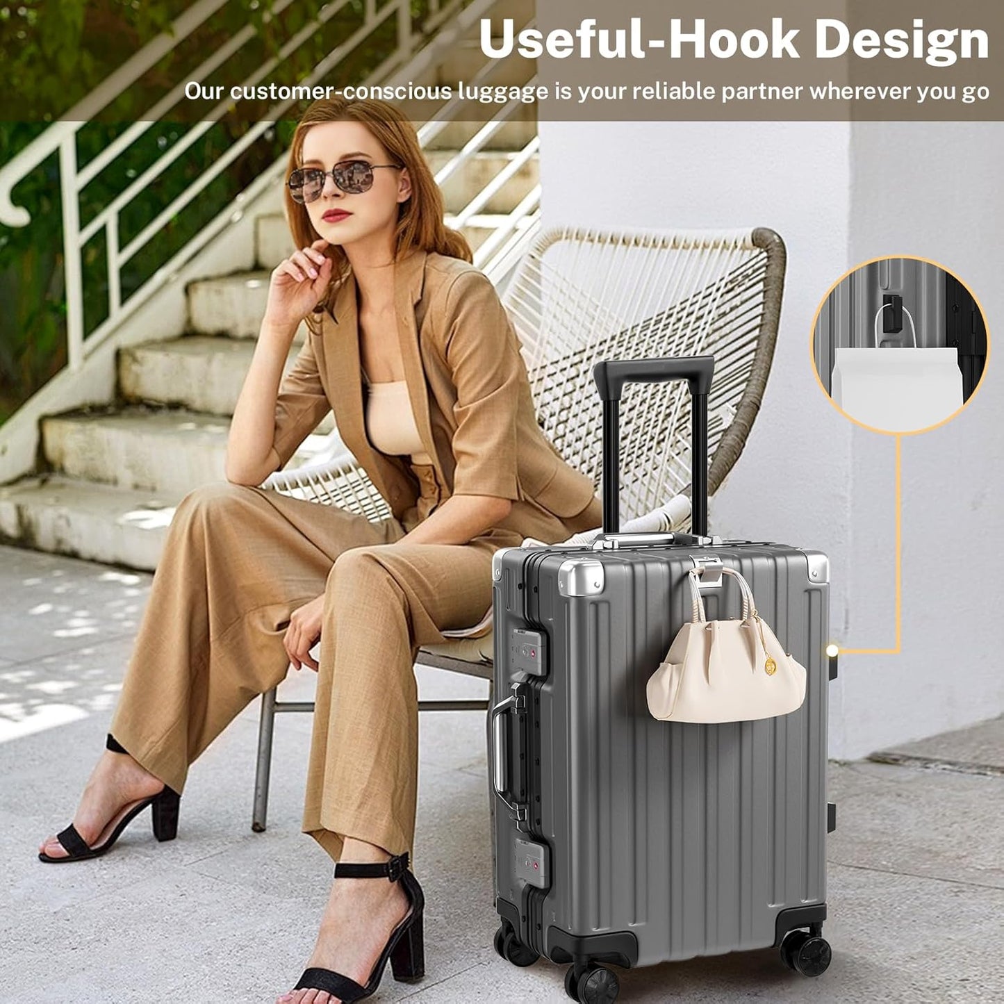 Krute Carry On Luggage 20 inch Aluminum Frame Suitcase with Spinner Wheels No Zipper PC+ABS Hardshell Luggages TSA Lock Zipperless Suitcases