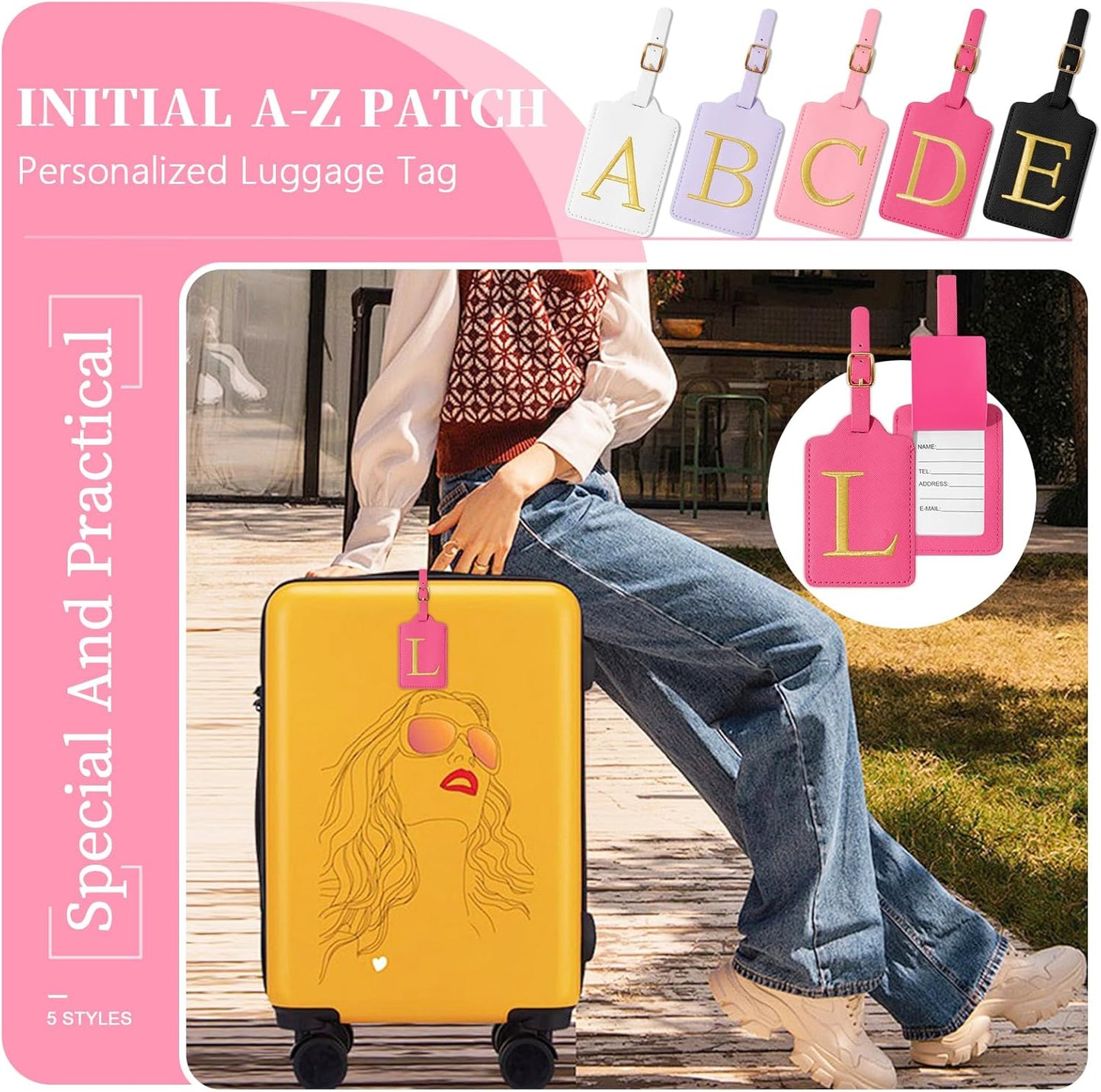 Personalized Initial Luggage Tag, Rose Red Leather, Cute Luggage Tags With Privacy Cover, Embroidered Custom Monogram, Gifts for Women, Kids