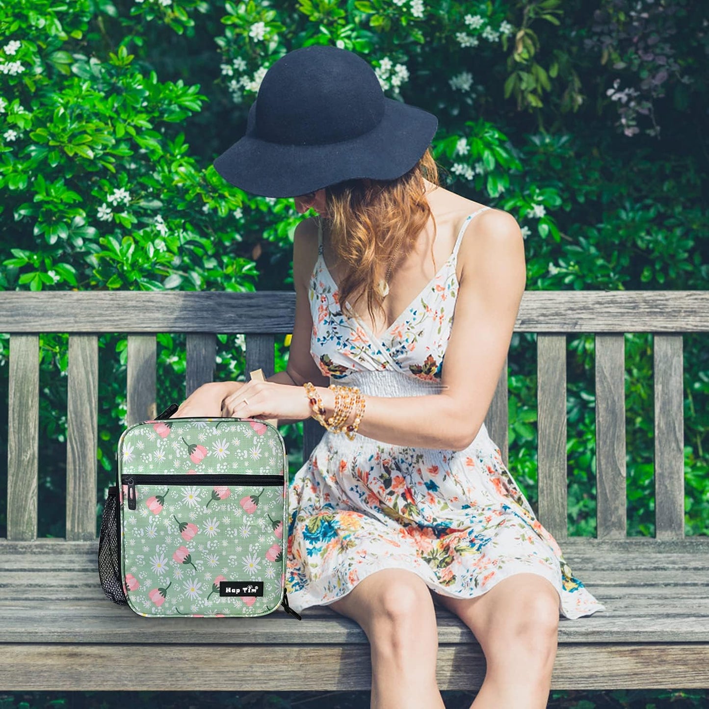 Hap Tim Insulated Lunch Bag Women, Reusable Lunch Box for Women & Men, Adluts Lunchbox for Office Work, Portable Lunchbag, Green Floral(18654-GF)