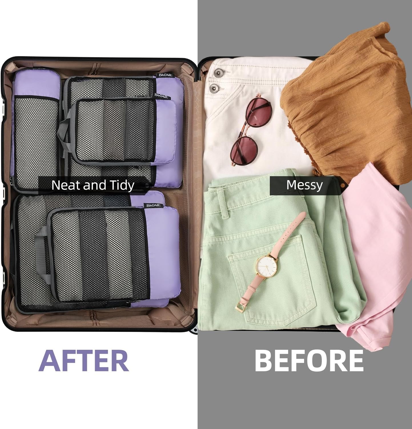 BAGAIL 4 Set/6 Set/8 Set Compression Packing Cubes Travel Accessories Expandable Packing Organizers (Half Mesh, 6-Lavender)