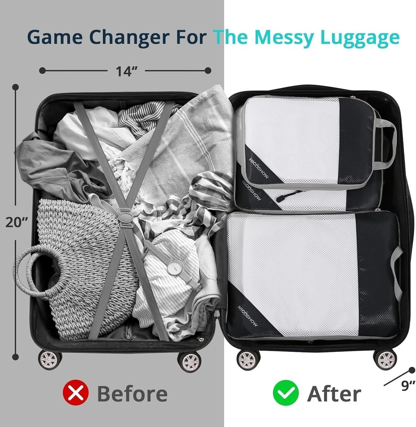 3 Set Compression Packing Cubes for Travel - Compressible, Lightweight, and Space-Saving Packing Cubes, Travel Essentials for Women, Black