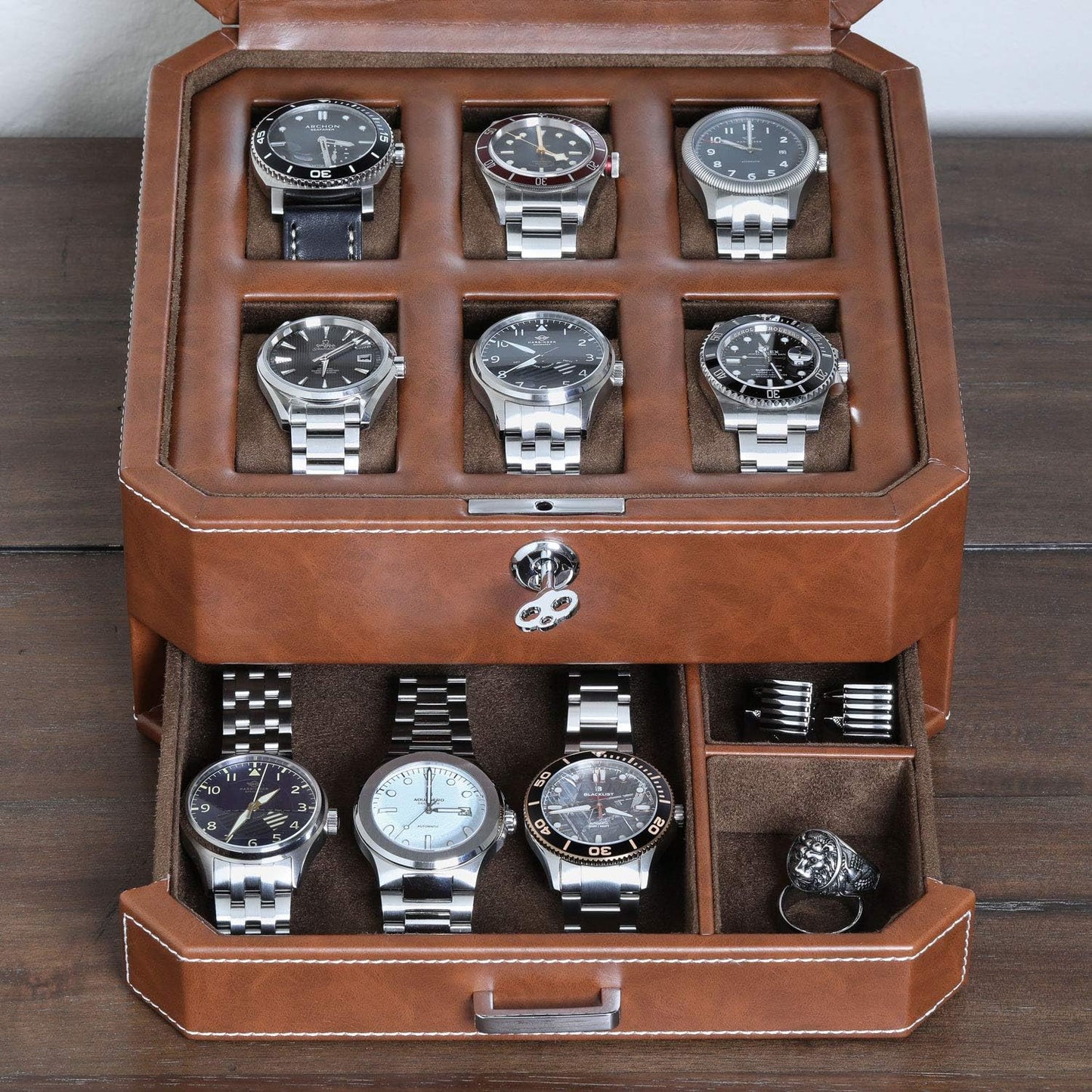 ROTHWELL 6 Slot Leather Watch Box with Valet Drawer - Luxury Case Display Organizer, Microsuede Liner, Locking Mens Jewelry Watches Holder, Men's Watch Storage Large Glass Top (Tan/Brown)