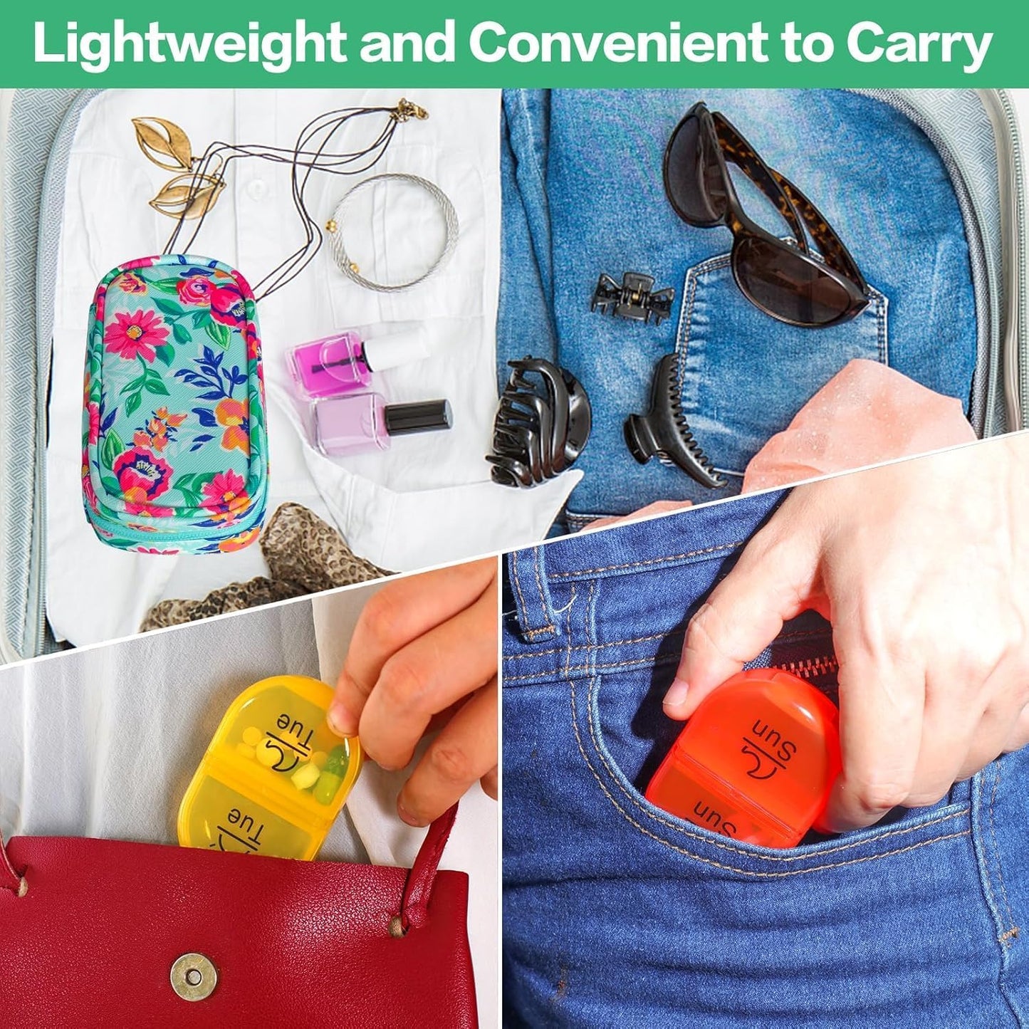 Serfeymi Weekly Travel Pill Organizer 2 Times A Day AM PM Upgraded Rainbow Pill Box 7 Day with Portable Zipper PU Leather Pill Case, Medicine Organizer for Pills, Vitamins, Fish Oils - Green-01