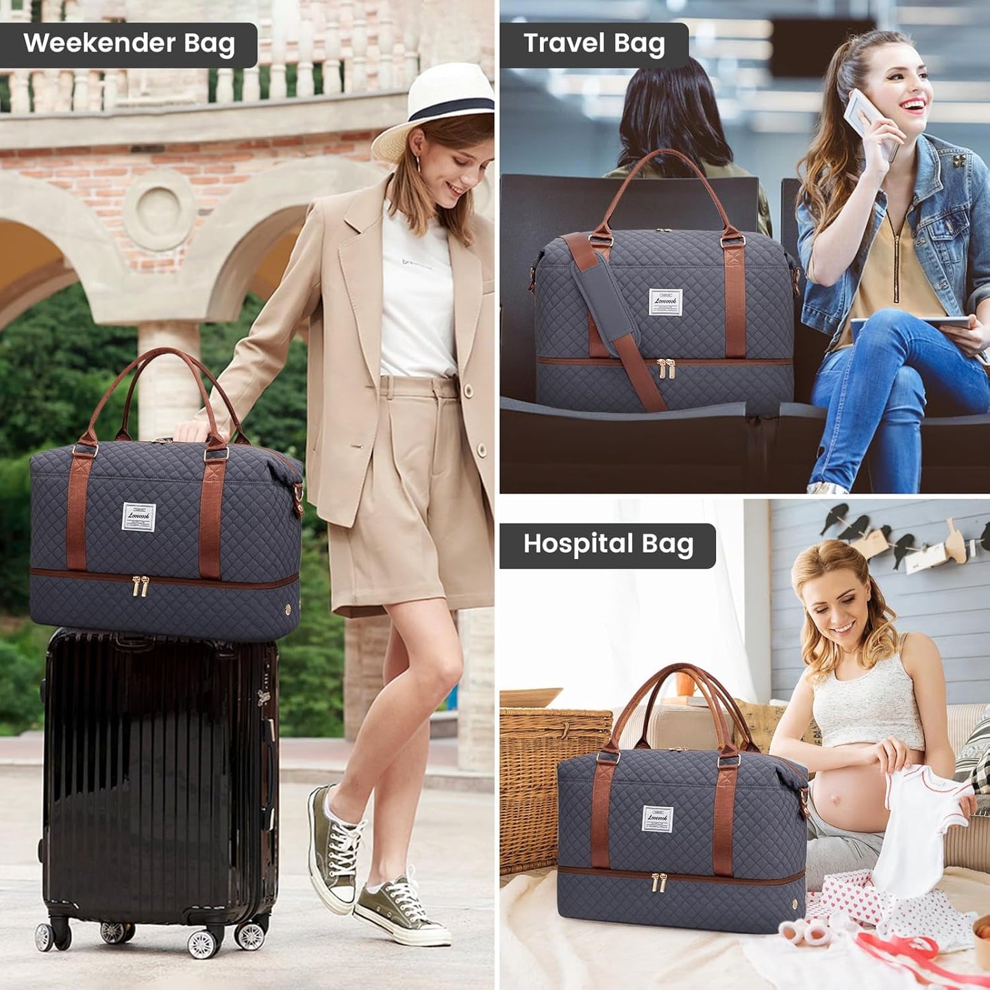LOVEVOOK Travel Duffle Bag,Weekender Bags for Women with Shoe Compartment,Carry on Overnight Bag with Toiletry Bag,Gym Duffel Bag with Wet Pocket, Hospital Bags for Labor and Delivery