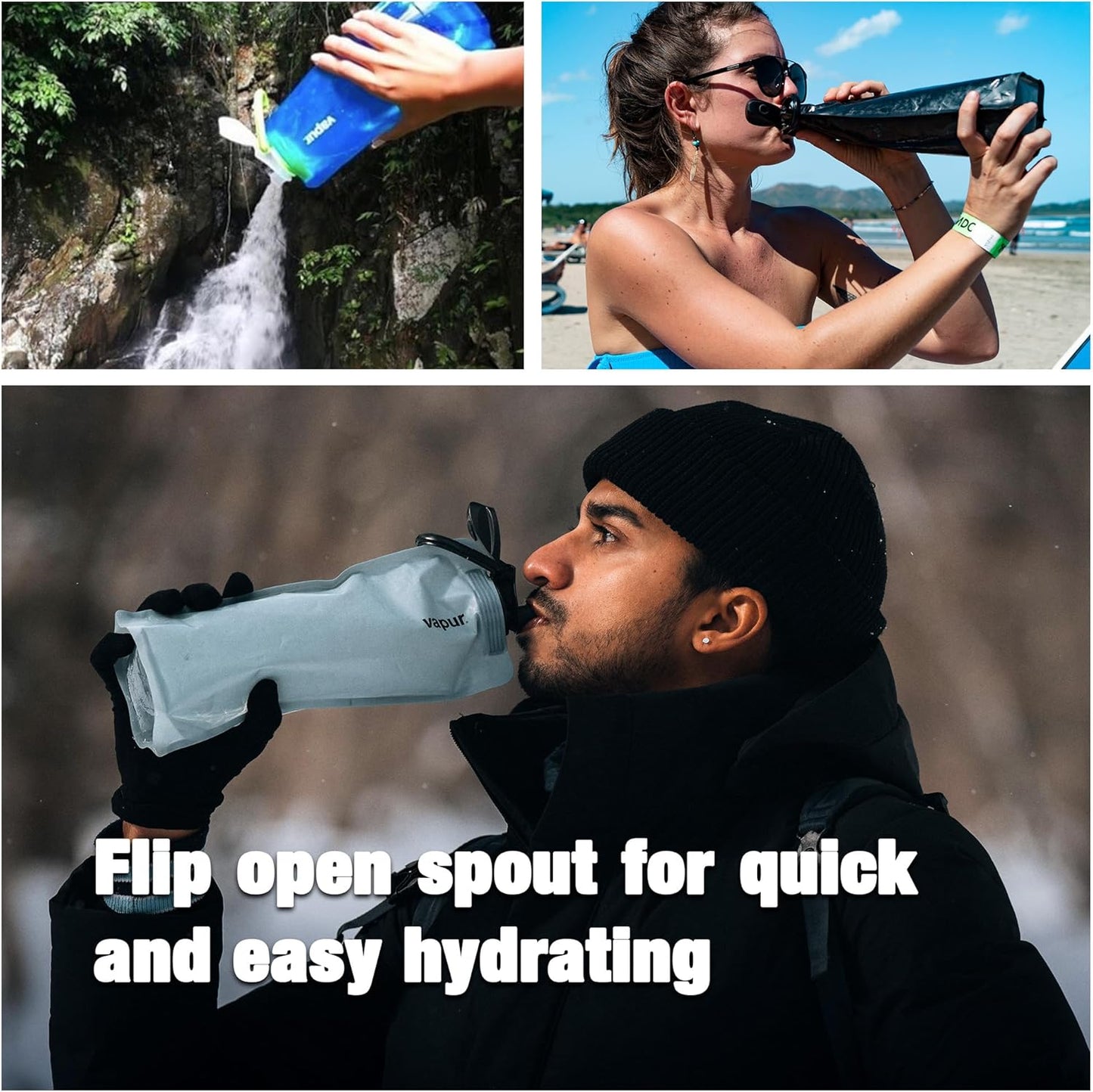 Vapur Collapsible Water Bottle With Carabiner, Compact Bottle Folds Flat For Hydration On The Go, Ideal for Traveling, Hiking or Camping, 34 Ounce, Whiteout, Pack of 1