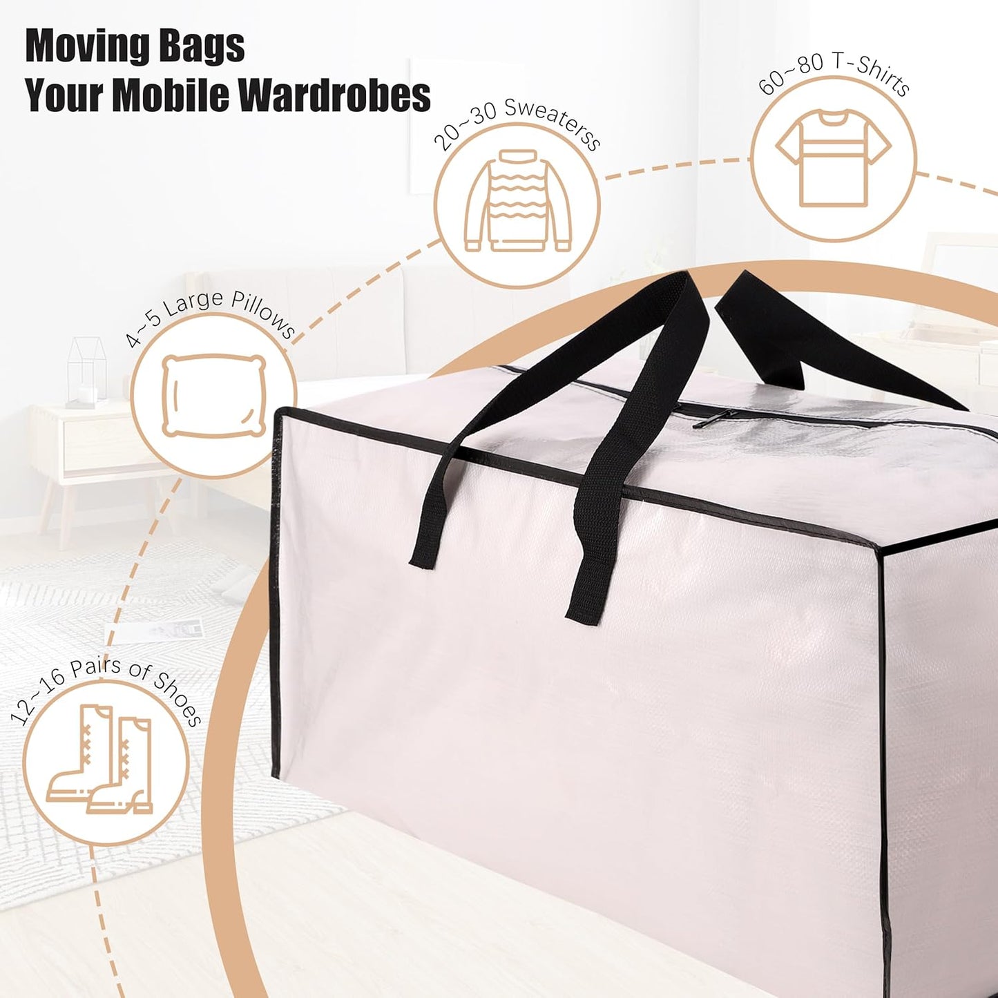 Heavy Duty Moving Bags with Backpack Straps and Strong Handles, Alternative to Moving Boxes and Storage Totes for Dorm Room Essentials, 12 Pack, Clear