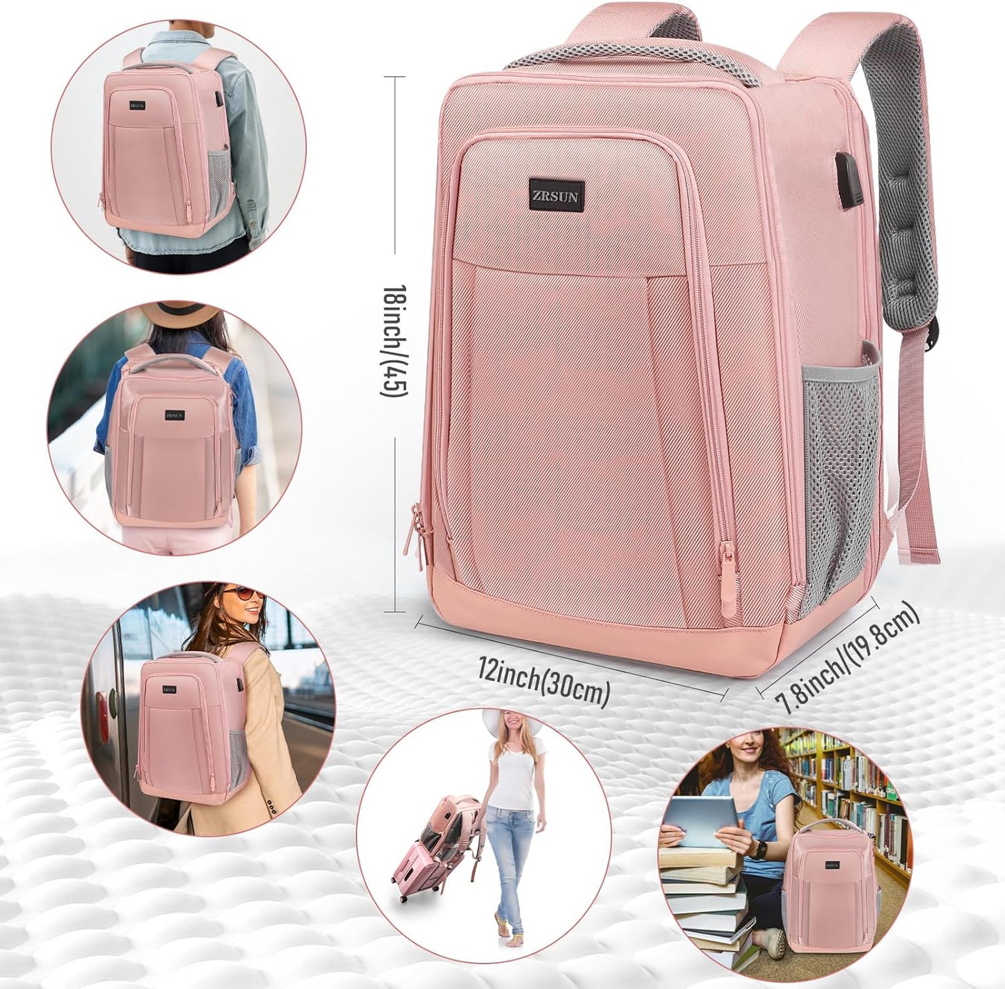 Travel Backpack, Business Anti Theft Slim Sturdy Laptops Backpack with USB Charging Port, Water Resistant College School Laptop Bag for Men & Women Fits 15.6 Inch Notebook,Pink