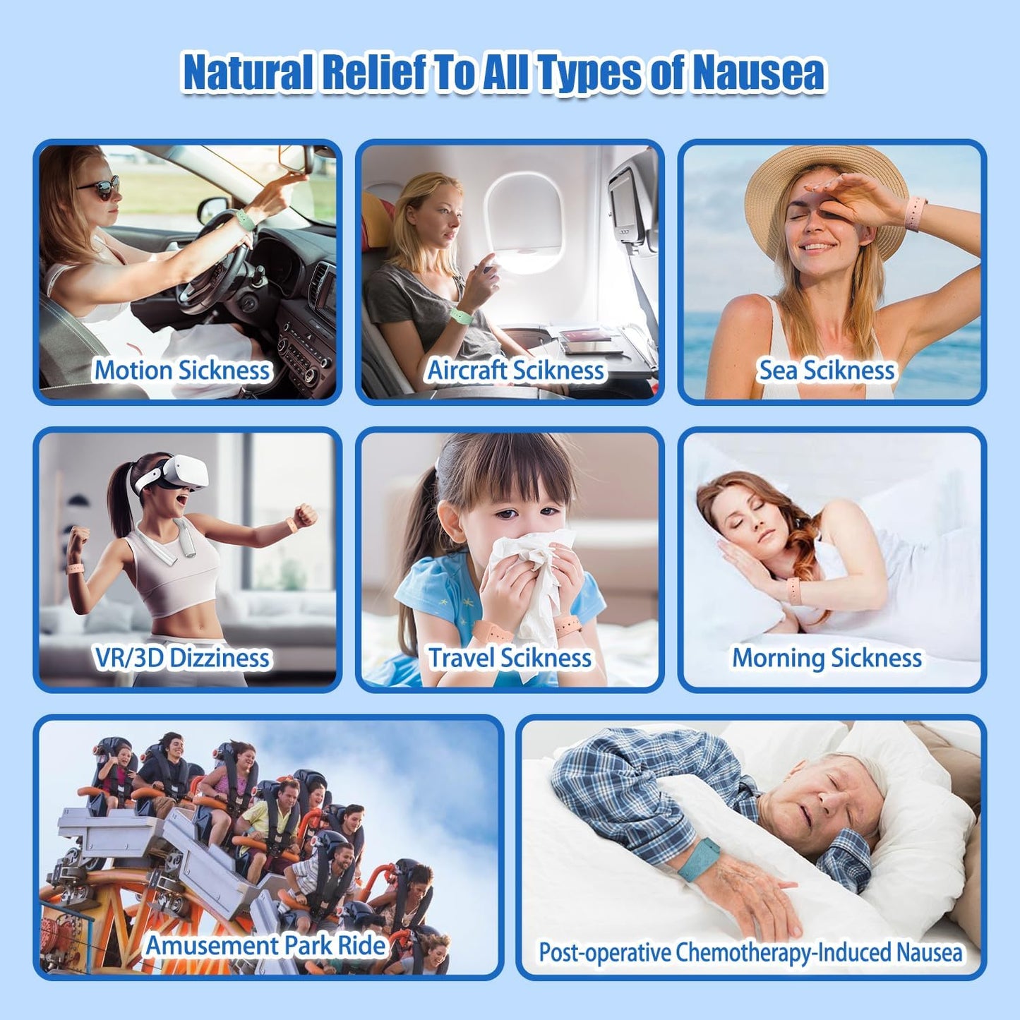 Hion Motion Sickness Bracelets Sea Sickness Wristbands for Motion Sickness/Morning Sickness/Pregnancy Nausea Anti Nausea Wristband Acupressure Nausea Bands Motion Sickness Bands(2Pairs-Bule+Pink)