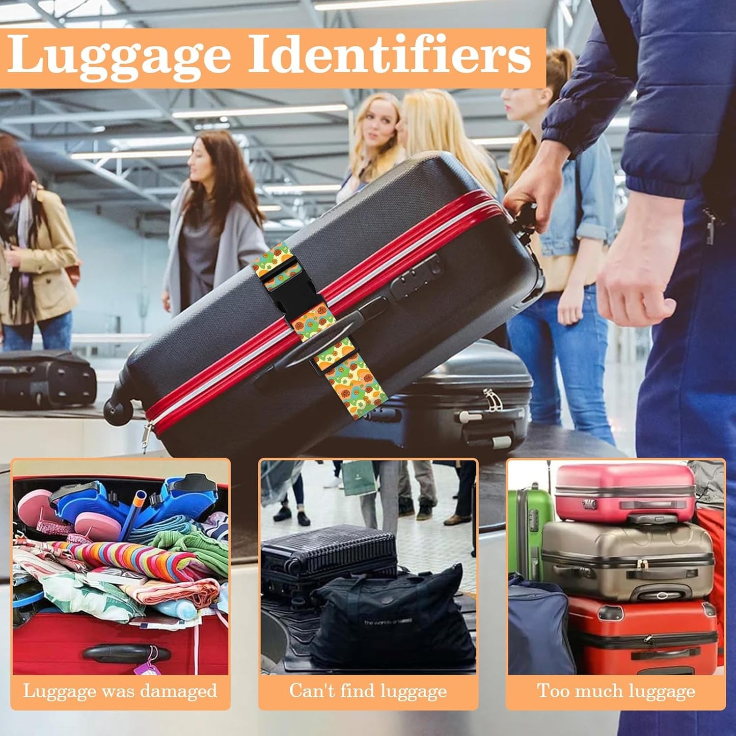 Luggage Straps for Suitcases TSA Approved, Luggage Identifiers for Suitcase, Adjustable Suitcase Strap for Baggage Security with Cute Patten, Travel Necessary Accessories (Rainbow Flower)