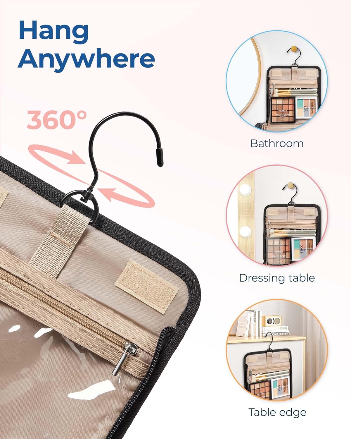 BAGSMART Makeup Bag for Women with Hanging Hook, Large Portable Capacity Water-resistant Organizer Travel Case for Toiletries and Cosmetics, Blue