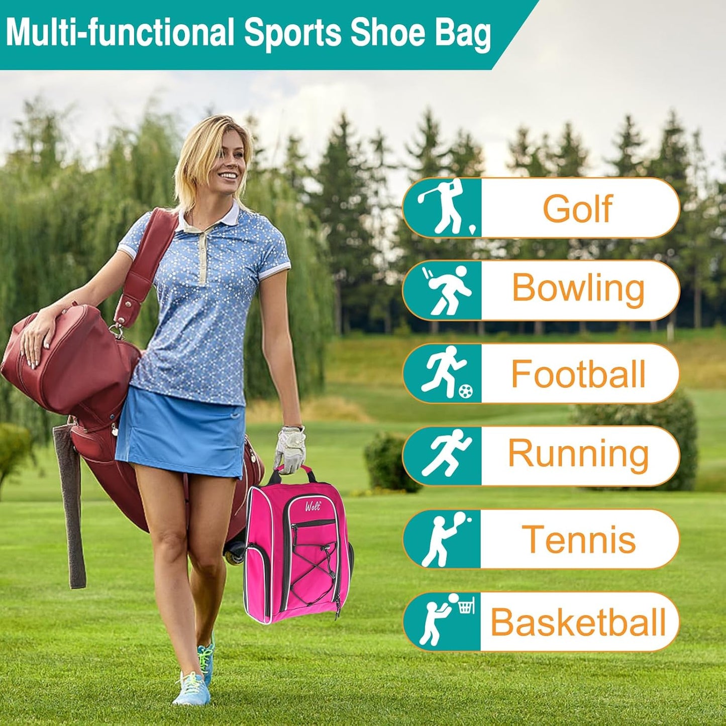 Wolt 2 Pcs Golf Shoe Bag for Travel- Zippered Shoes Carrier Bags with Ventilation & Double Outside Accessory Pocket for Socks, Tees, Golf Balls, etc. for women and men (Grey+Pink)