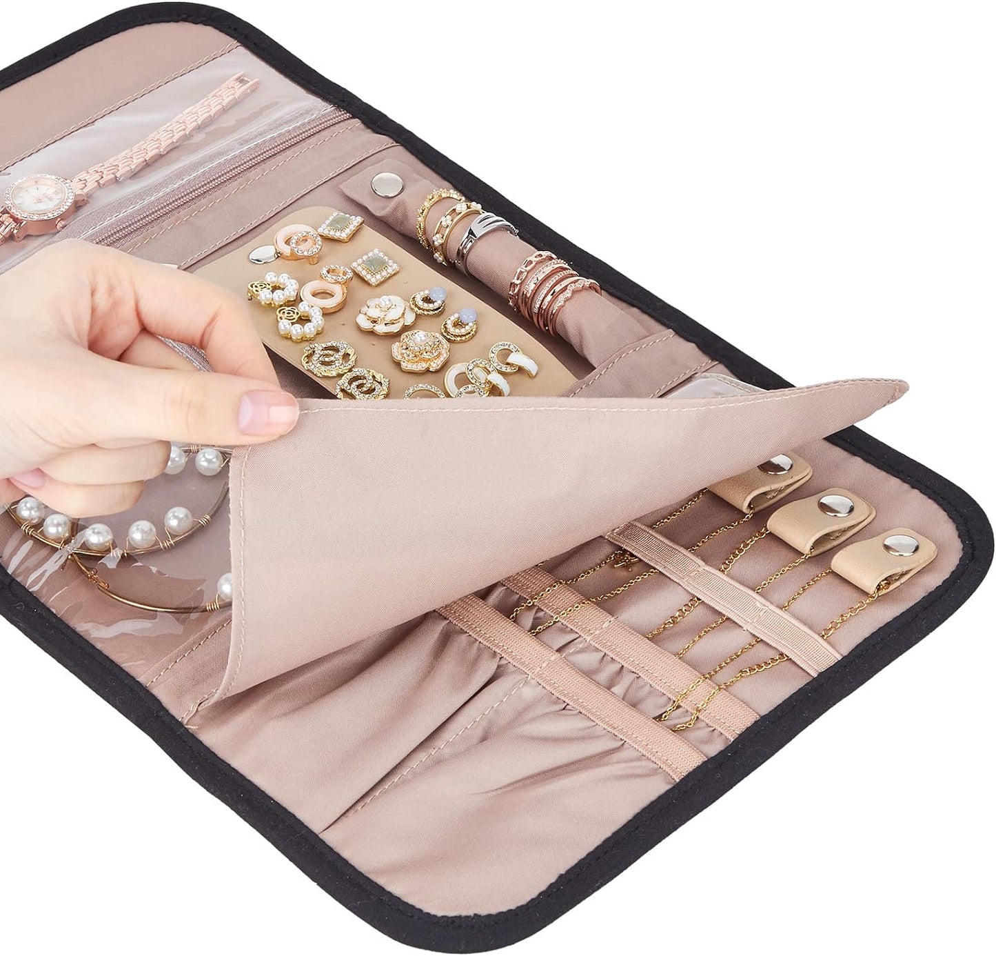 BELALIFE Travel Jewelry Case Organizer, Medium Foldable Storage Roll for Earrings, Necklaces, Rings, Bracelets, Brooches, Black