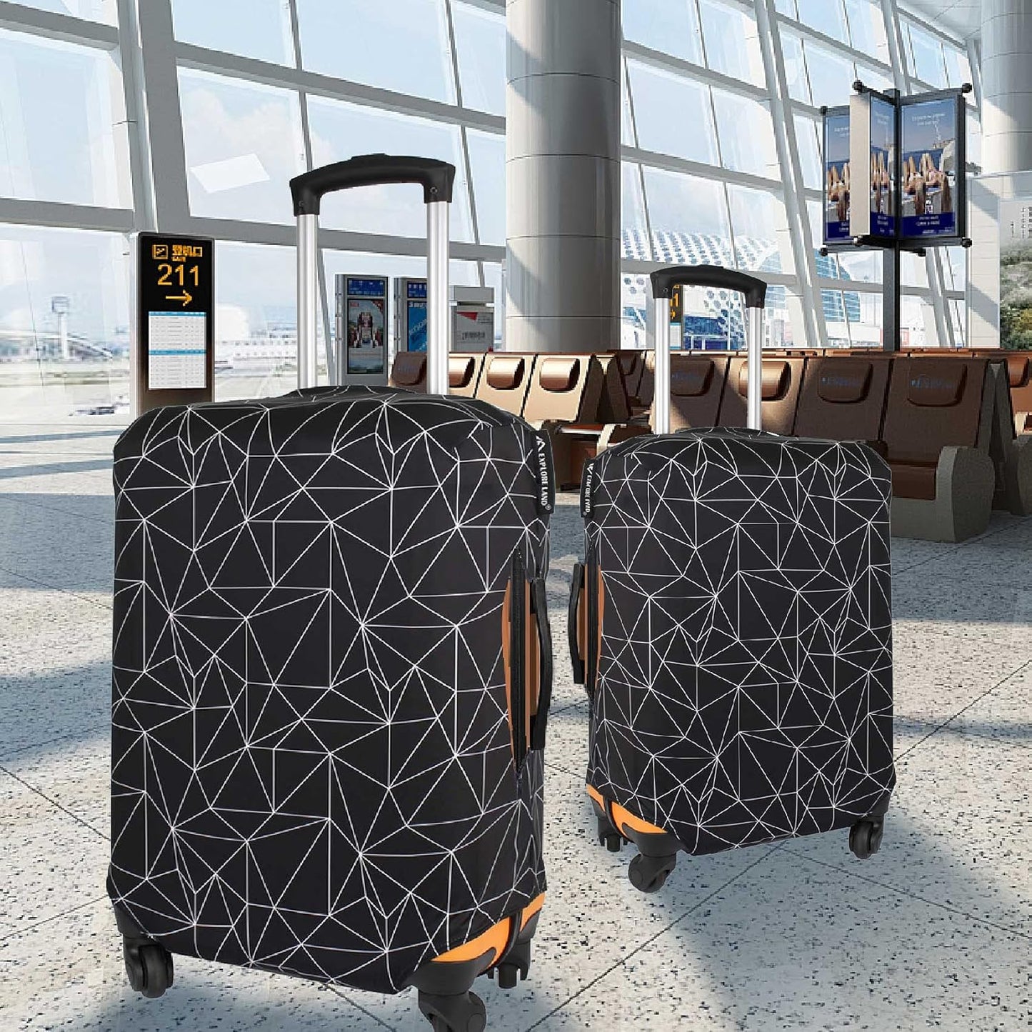 Explore Land Travel Luggage Cover Suitcase Protector Fits 31-32 Inch Case (Black Polygonal, XL)