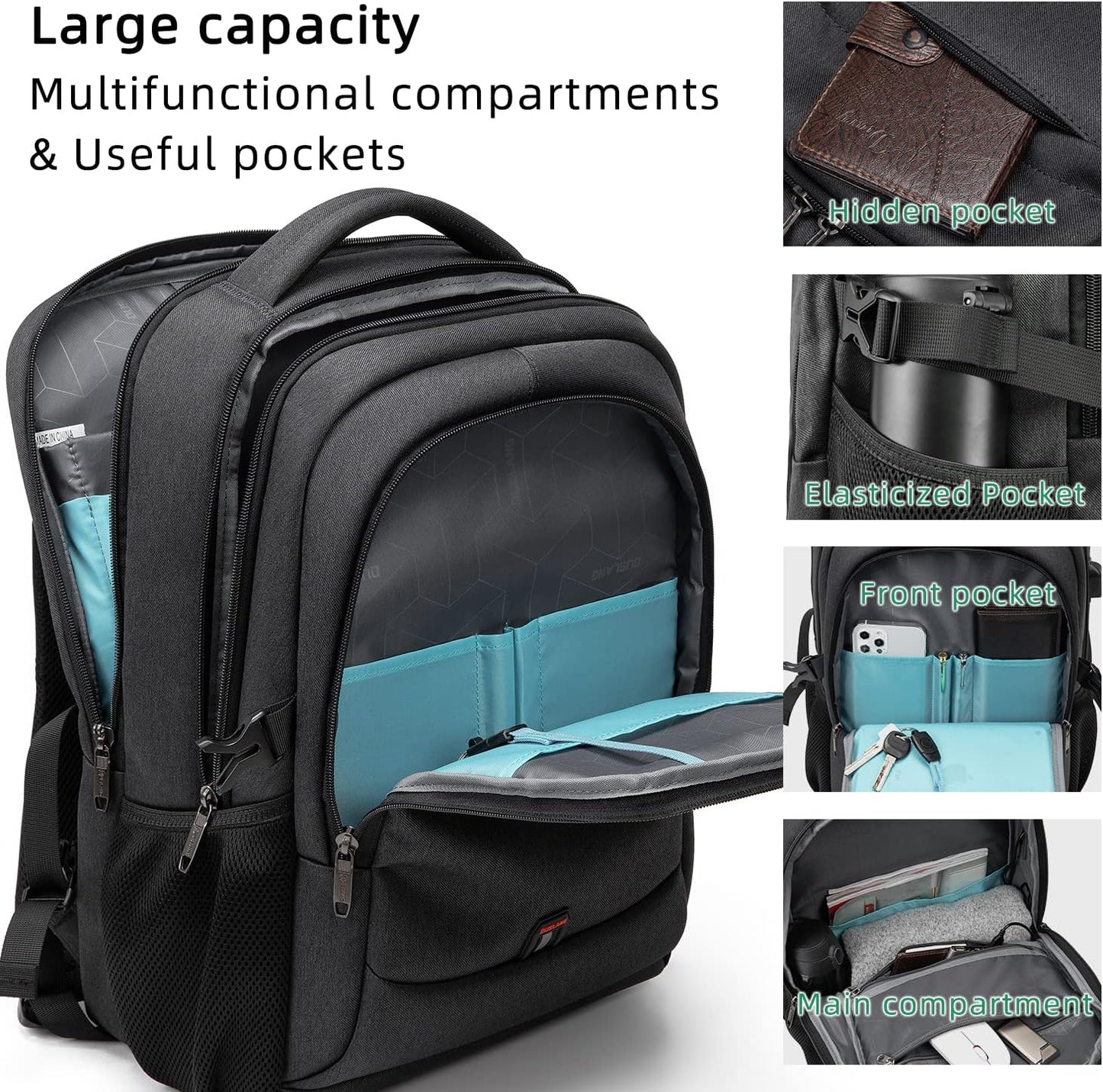 DUSLANG 17 Inch Laptop Backpack for Travel Water Resistant College Backpack for Men/Women Laptop Bag with USB Charging Port and TSA lock,Black