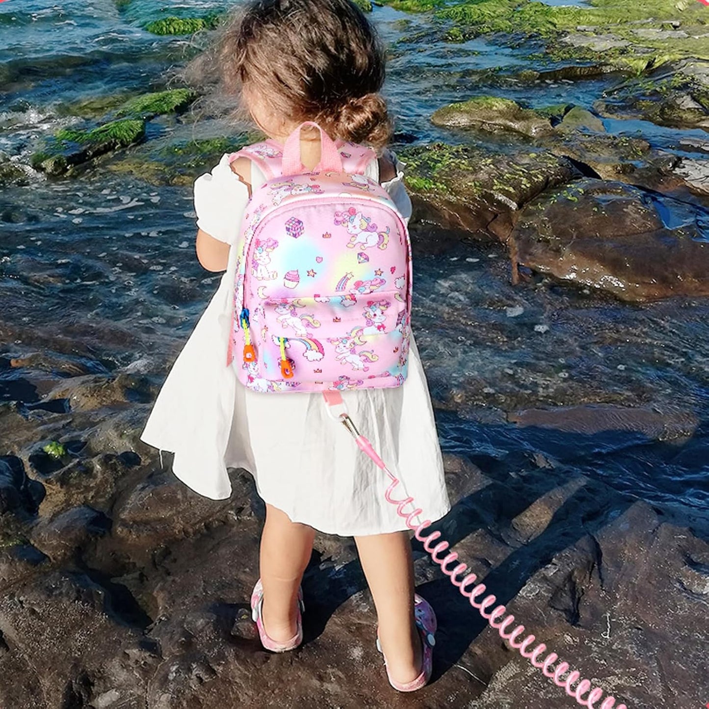 Accmor Toddler Backpack Leash with Anti Lost Wrist Link, Cute Mini Child Walking Harnesses Keep Kids Close Back Pack Rope Tether Rein for Baby Girls (Pink Colorful/Unicorn)