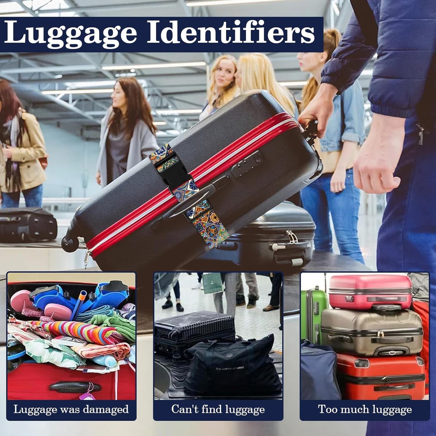 Boho Luggage Straps for Suitcases TSA Approved, Luggage Identifiers for Suitcase, Adjustable Suitcase Strap for Baggage Security with Cute Patten, Travel Necessary Accessories (2Pack)