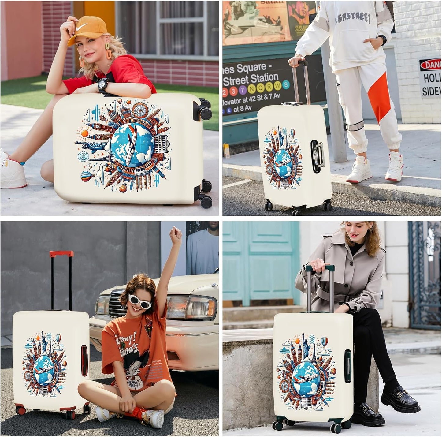 ANNA QUEEN Travel Around the World Luggage Cover, Colorful Landmark Suitcase Protector with Airplane & Globe Design, Stretchable, Washable Travel Sleeve for 20-22 Inch Luggage