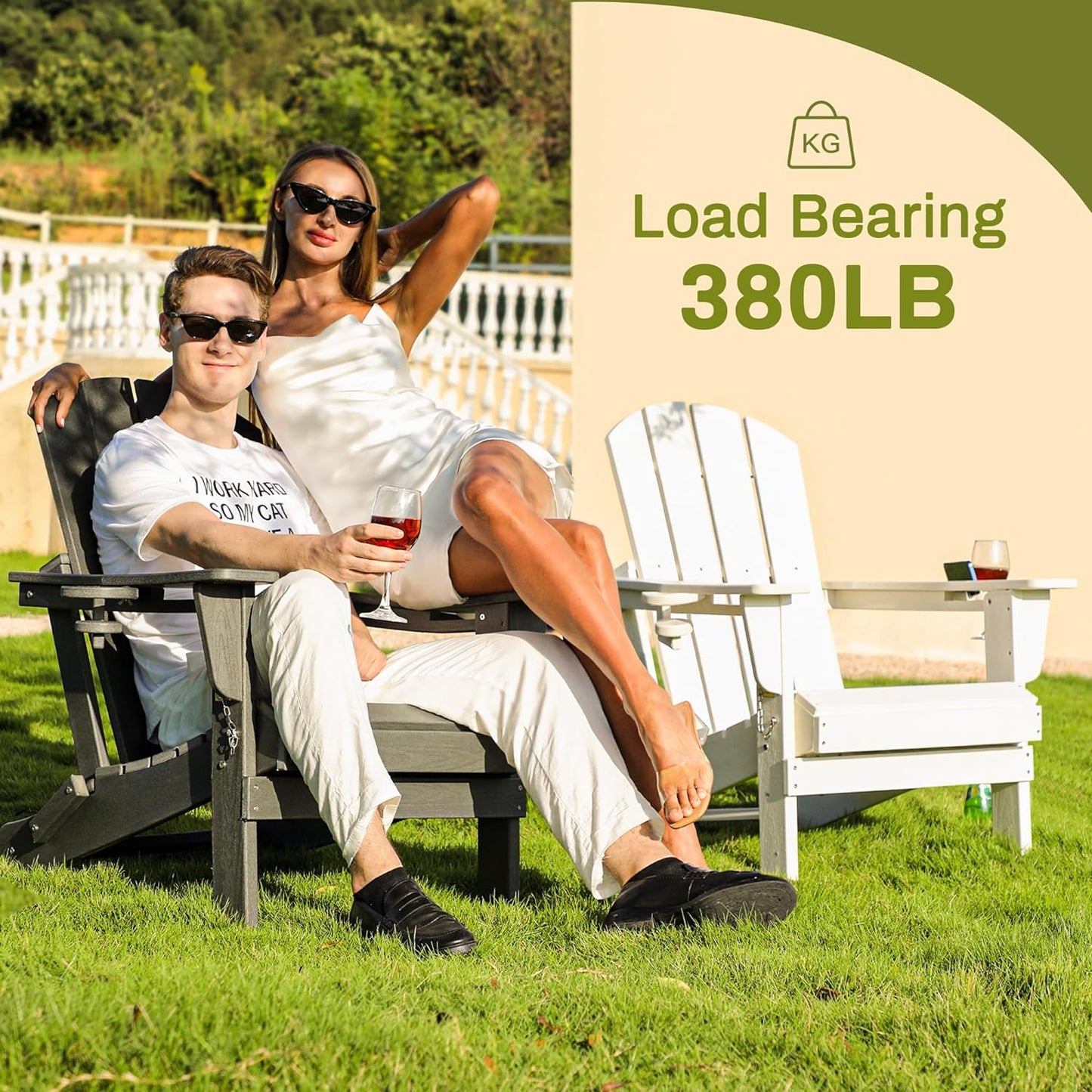 SERWALL Foldable Adirondack Chair Set of 2, HDPE Adirondack Chair with Wood-Texture-Gray