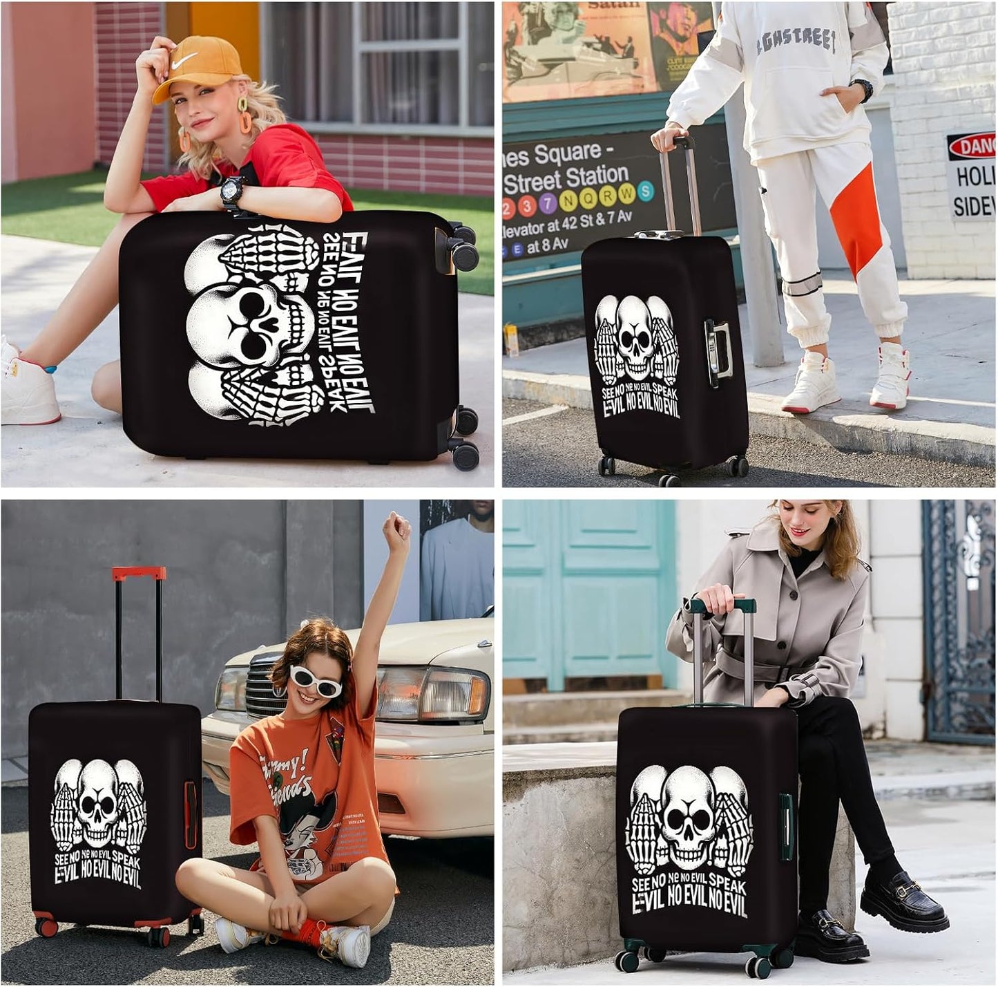 ANNA QUEEN Gothic Skull Luggage Cover, “See No Evil, Hear No Evil, Speak No Evil” Skeleton Design, Stretchable, Washable Suitcase Protector for 32-34 Inch Travel Suitcases