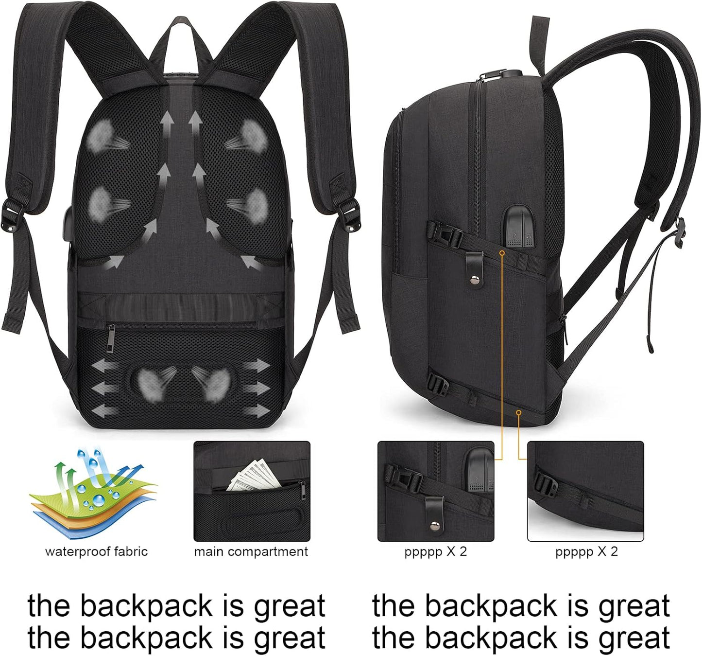 Tzowla Anti-Theft Water Resistant 17.3 Inch Laptop Backpack with USB Charging Port and Lock, Black
