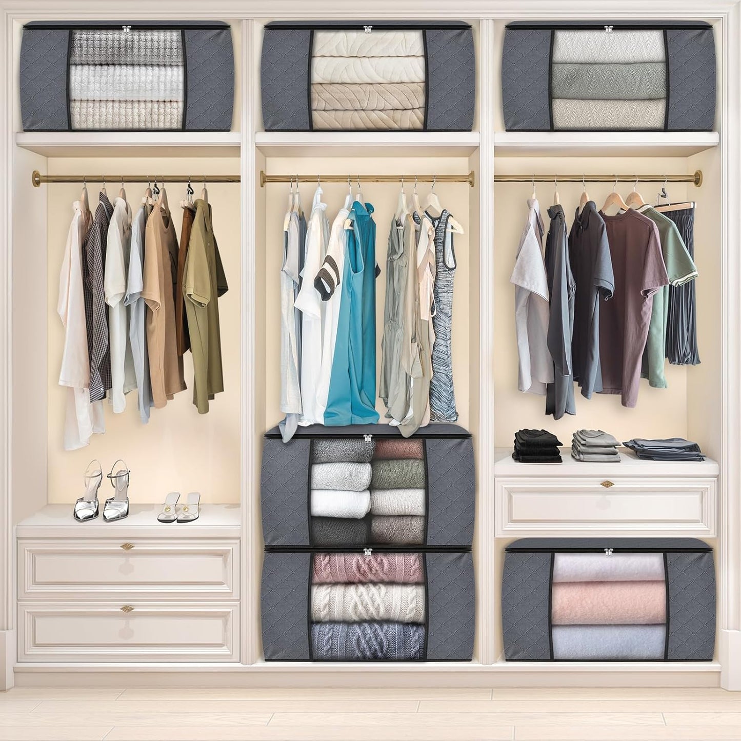 Fab totes 24 Gallons Clothes Storage, Foldable Thick Fabric Blanket Storage Bags, Containers for Organizing Bedroom, Closet, Clothing, Comforter, Organization with Handle (10 Pack,Grey)