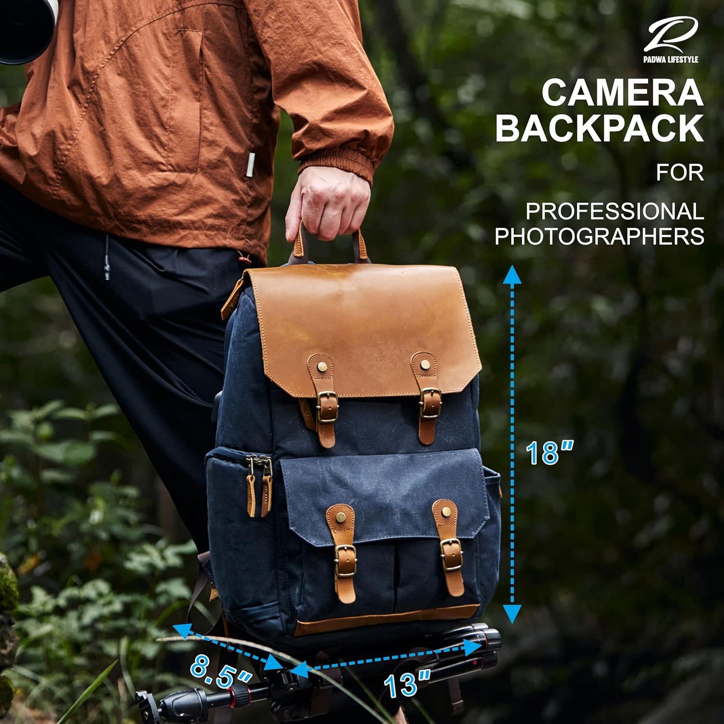 Padwa Lifestyle Blue Camera Backpack - Waxed Memory Canvas Camera Bag, Multi DSLR SLR Large Camera Backpacks for Photographers with 16β Laptop & Lens Compartment and Tripod Holder & Weather Resistant