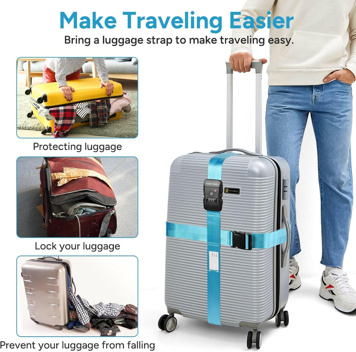 Travel Inspira Luggage Straps TSA Approved with TSA Lock Adjustable Luggage Straps Combination Lock for Suitcase Nylon Suitcase Travel Belt TSA Approved Buckle Included Tags identifiers (Blue)