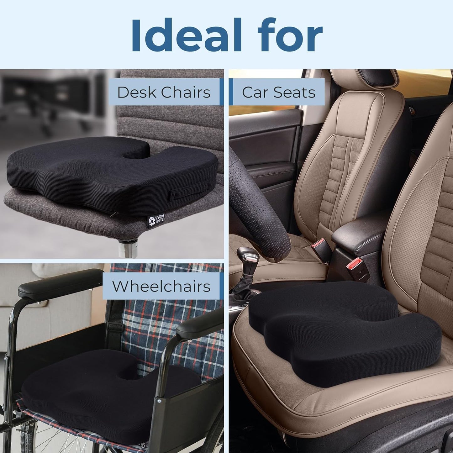 5 STARS UNITED Seat Cushion for Tailbone Pain Relief ā Memory Foam Cushion for Coccyx, Hip, Hemorrhoid, Sciatica & Post-Surgery Recovery ā Wheelchair, Car, Desk, Gaming & Office Chairs, D Blue