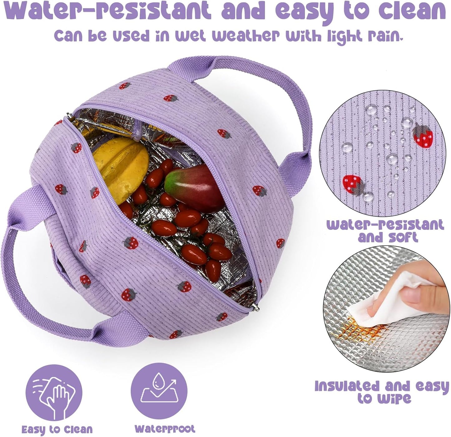 Bluboon Lunch Bag for Women Men Cute Corduroy Lunch Tote Bags Reusable Insulated Lunch Box Large Capacity Reusable Insulated Cooler for Work Picnic or Travel (Corduroy strawberry purple)