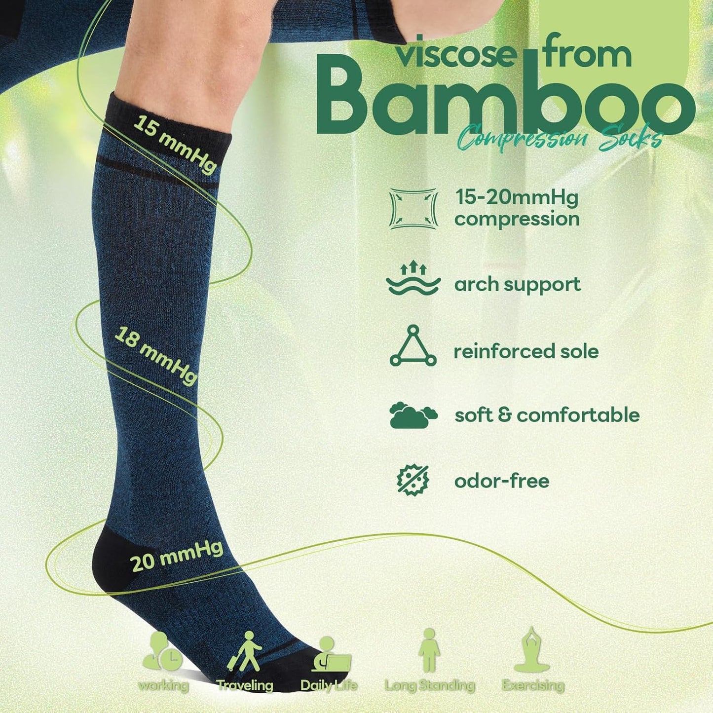 Mens Compression Socks for Men Women, 15-20 mmHg Bamboo Viscose Knee High Soft Support for Travel Daily
