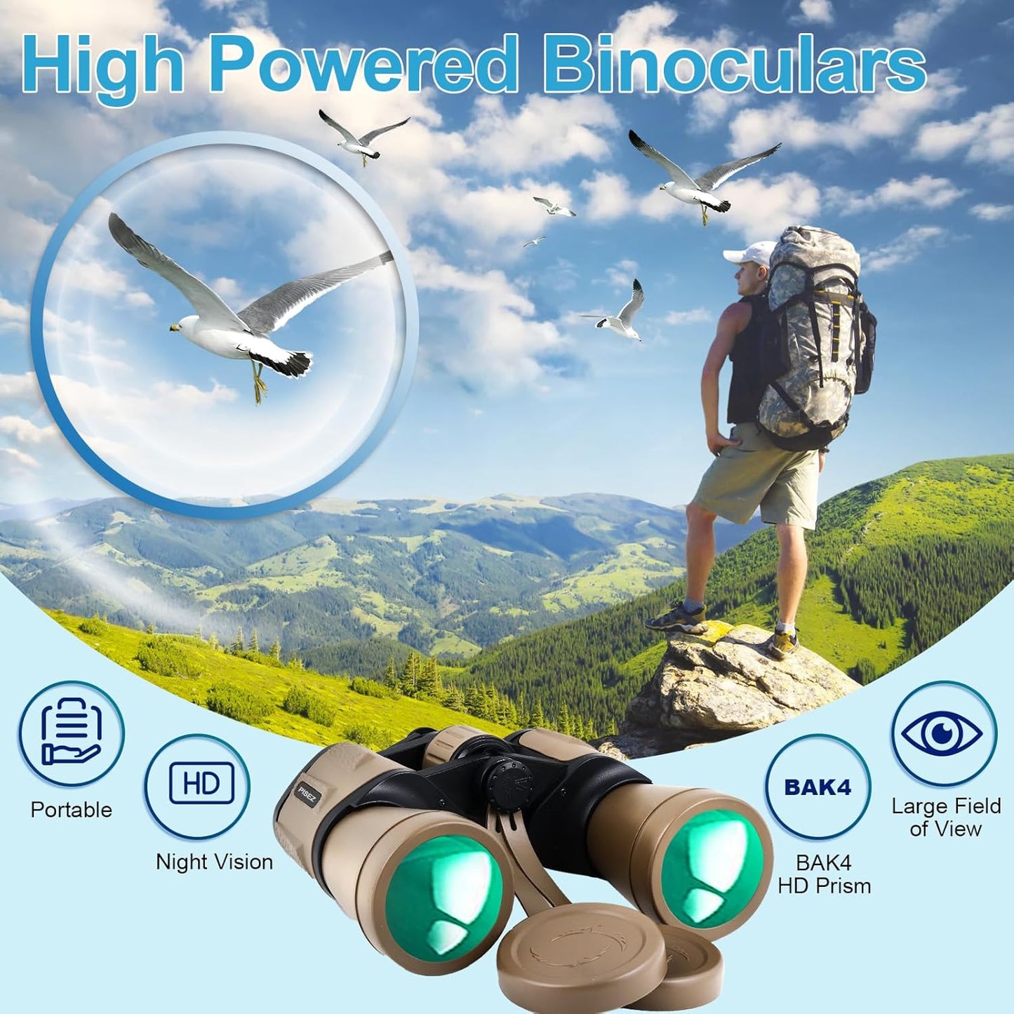 PISEZ 20X50 Binoculars for Adults High Powered with Low Light Vision,Large View Waterproof Binoculars for Bird Watching Hunting Concert Traveling Theater Opera Sightseeing