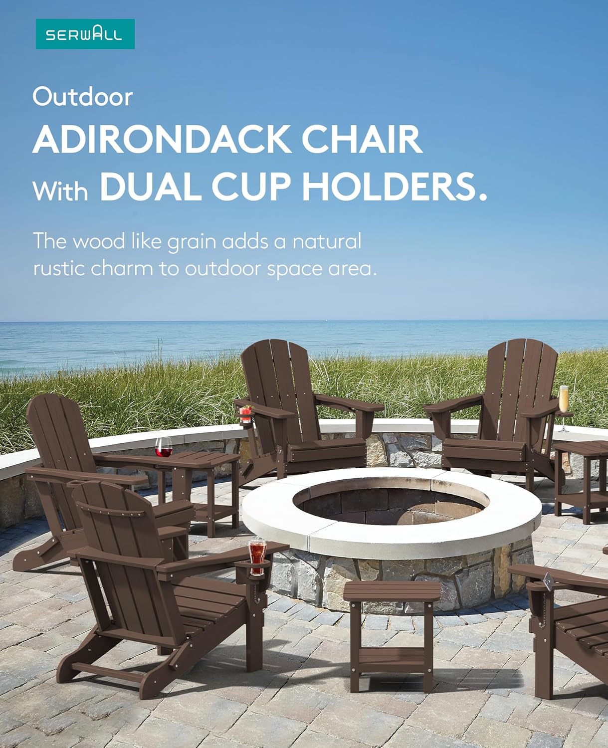 SERWALL Adirondack Chair with Cup Holders - Composite Adirondack Chairs Set of 8 HDPE Outdoor Chairs All Weather Use- Coffee