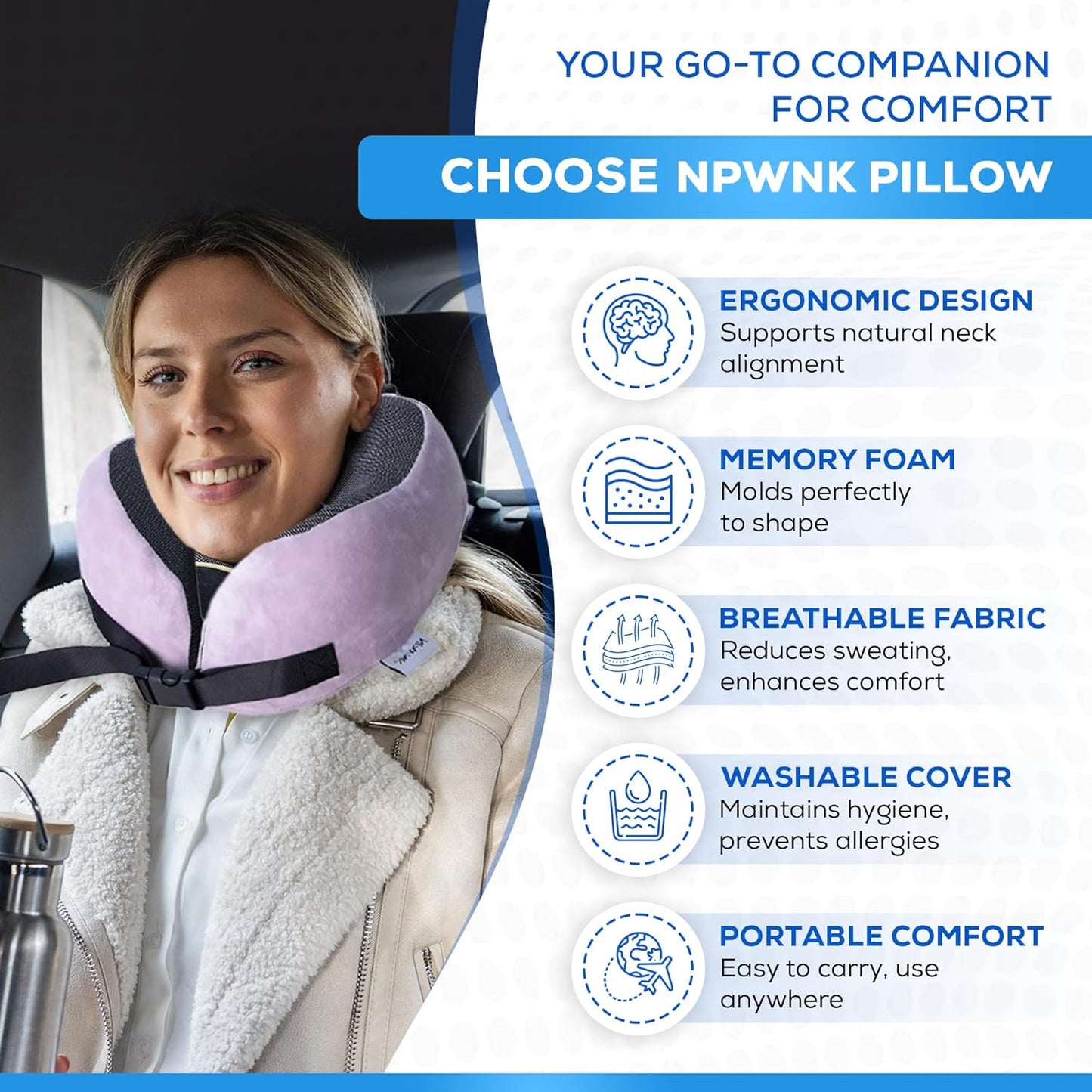 Pure Memory Foam Travel Pillows for Airplanes ā Ergonomic Design with Adjustable Fit, Machine Washable, 3D Eye Mask & Compact Plane Pillow for Traveling ā Grey & Pink