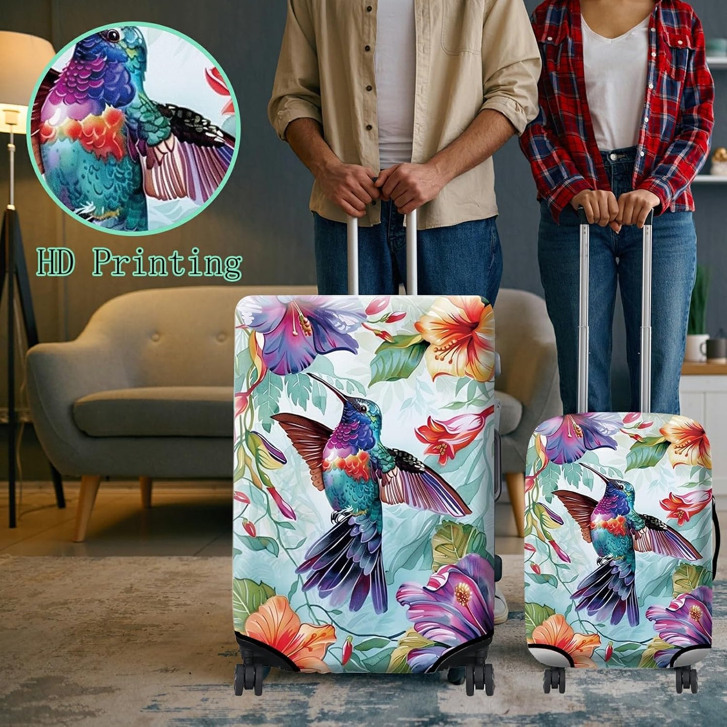 Luggage Cover Suitcase Protector + Tag, Hummingbirds Travel Cover for 29-30 inch Luggage (XL) with Concealed Zipper, Washable Elastic Cloth, Dustproof, Anti-Scratch
