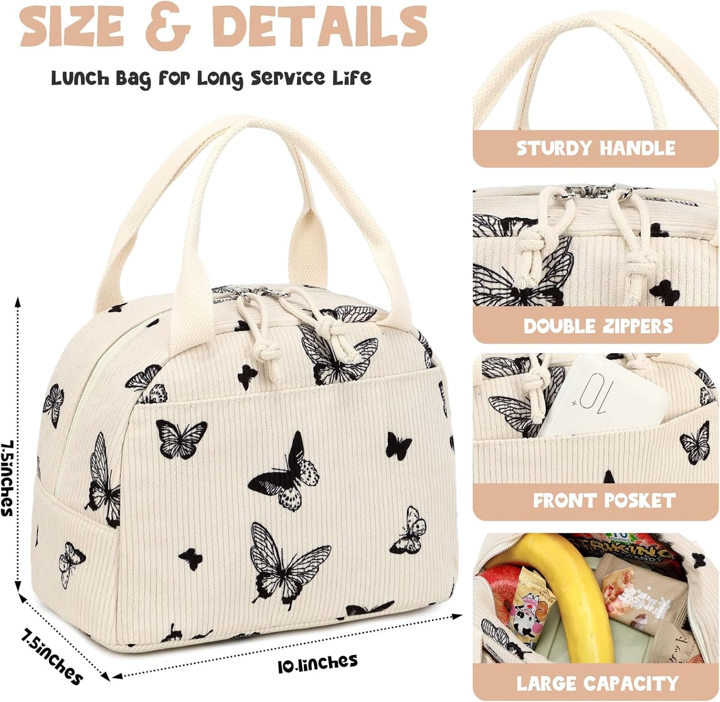 Bluboon Lunch Bag for Women Men Cute Corduroy Lunch Tote Bags Reusable Insulated Lunch Box Large Capacity Reusable Insulated Cooler for Work Picnic or Travel