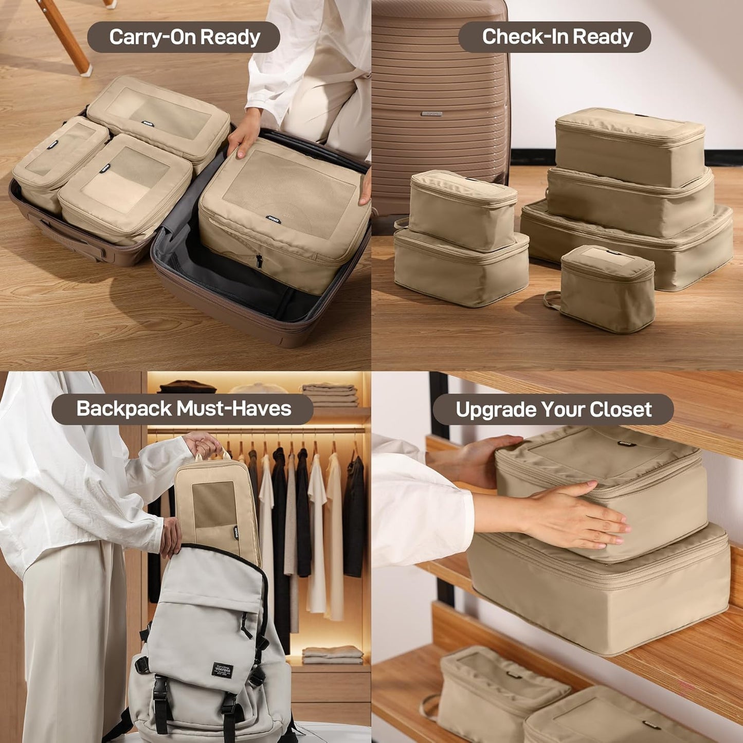 EPICKA TripCozy Compression Packing Cubes - 6 Set Durable Travel Organizer Bags with Mesh Top, Expandable Travel Accessories for Carry on, Luggage, Suitcase, Backpack (Khaki)