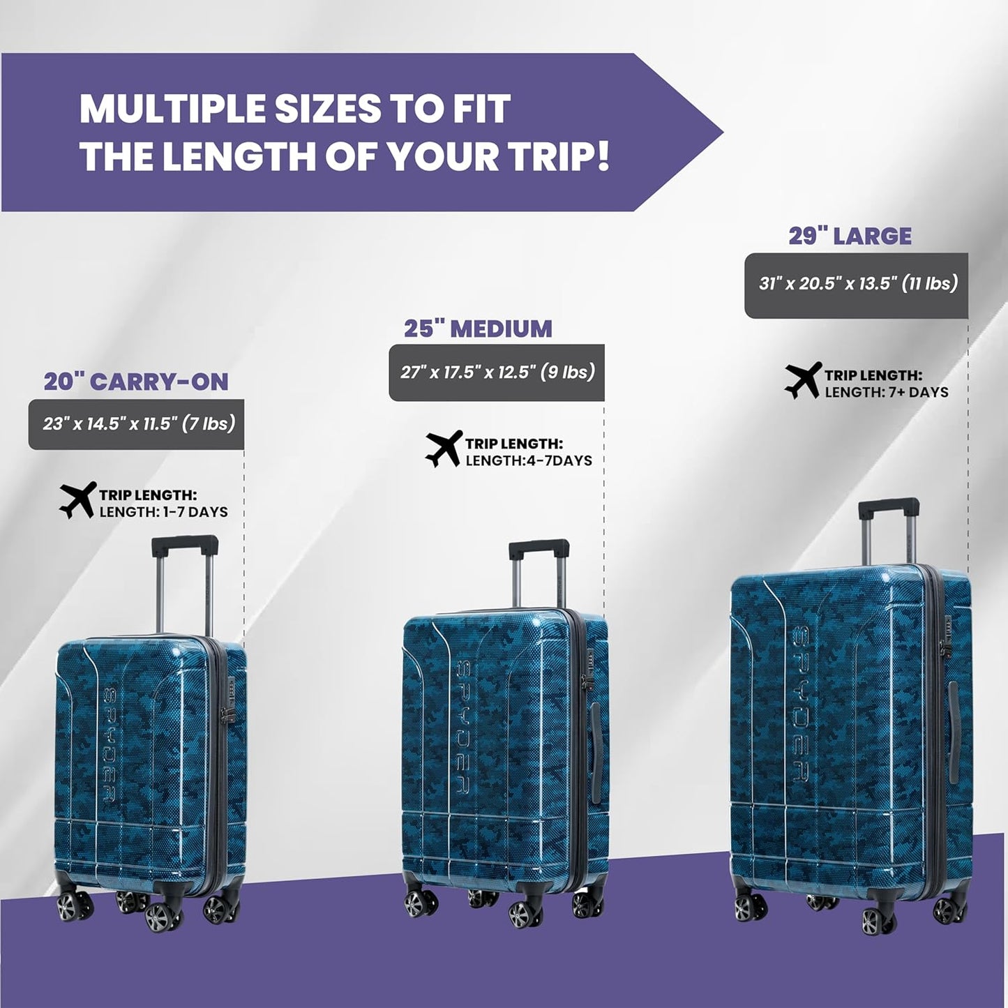 Spyder Matrix 3 Piece Luggage Set with 360° Spinner Wheels, TSA Approved Lock, (20 Inch Carry On, 25 Inch Medium Luggage, 29 Inch Large Checked), Blue