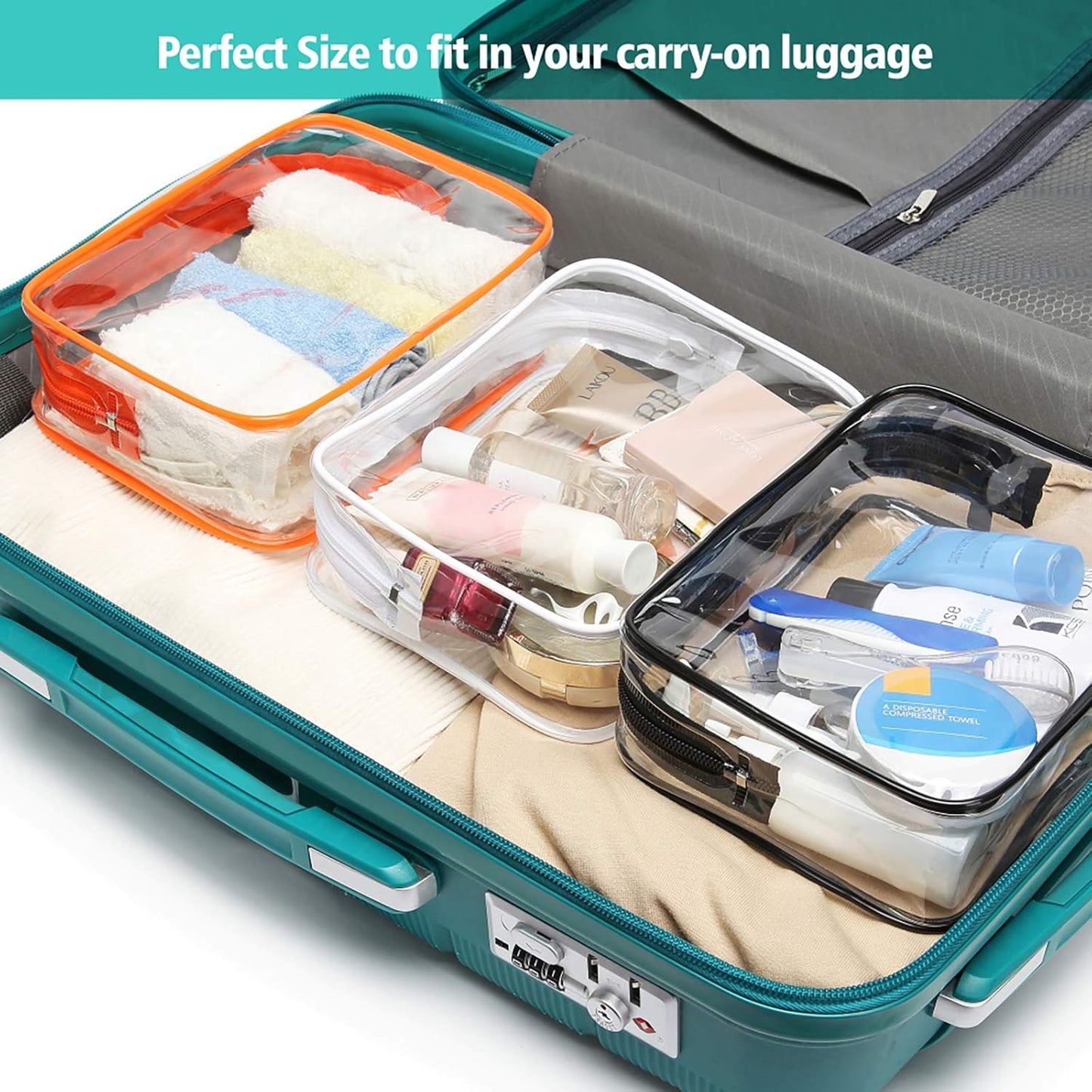 PACKISM Clear Toiletry Bag - 3 Pack TSA Approved Toiletry Bag Quart Size Bag, Travel Makeup Cosmetic Bag for Women Men, Carry on Airport Airline Compliant Bag, Black, White, Orange