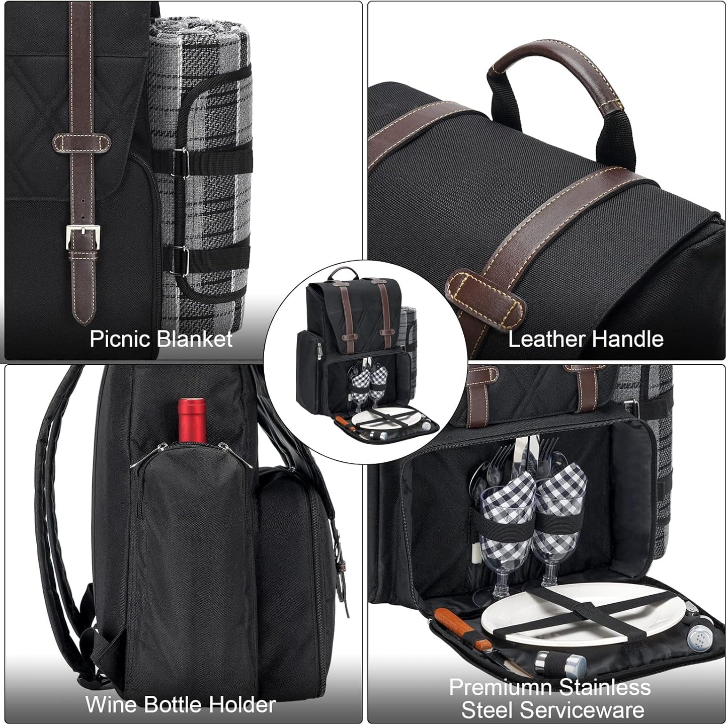 Picnic Backpack for 4 Person with Large Insulated Cooler Bag, Picnic Basket Set with Wine Pouch, Waterproof Picnic Blanket & Cutlery Set. Perfect for Beach, Camping, Party,Wedding Gift for Couple.