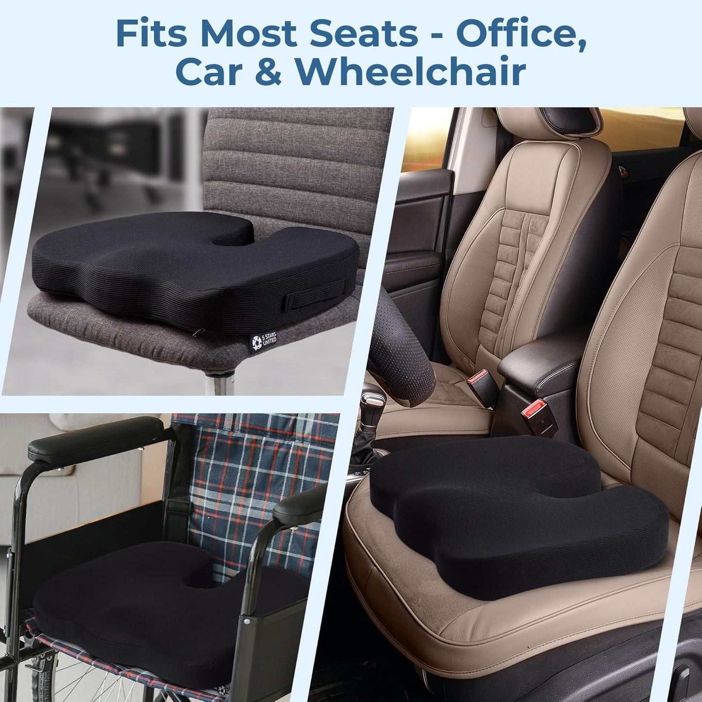 5 STARS UNITED Seat Cushion for Tailbone Pain Relief ā Memory Foam Cushion for Coccyx, Hip, Hemorrhoid, Sciatica & Post-Surgery Recovery ā Wheelchair, Car, Desk, Gaming & Office Chairs, L Gray