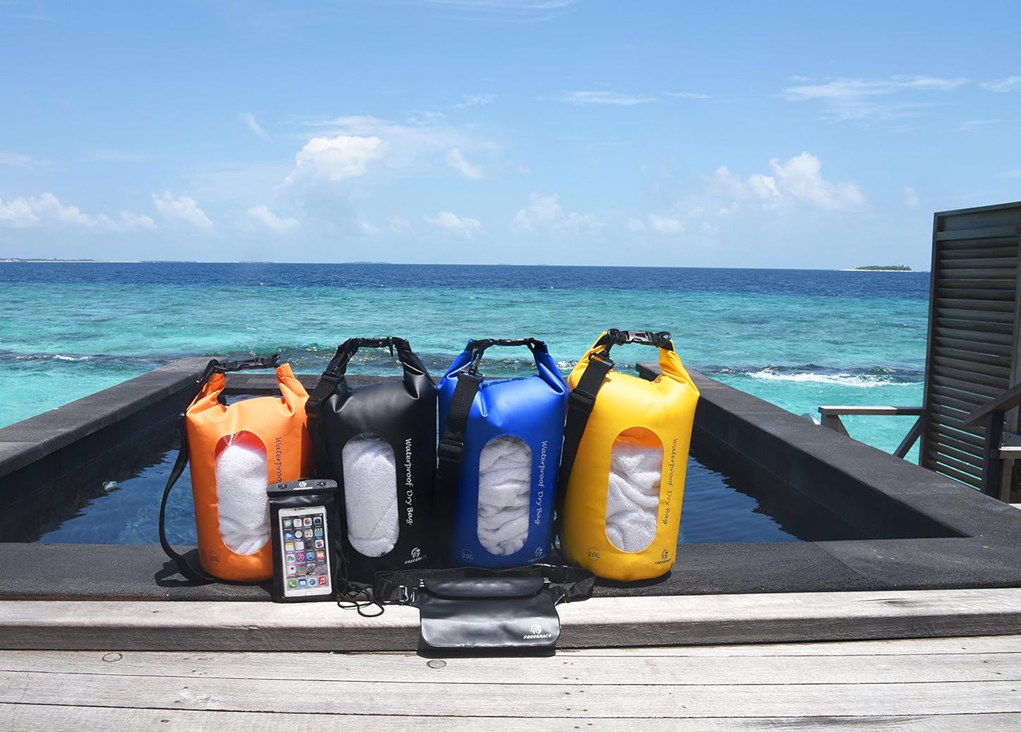 Freegrace Waterproof Dry Bags Set Of 3 Dry Bag With 2 Zip Lock Seals & Detachable Shoulder Strap, Waist Pouch & Phone Case - Can Be Submerged Into Water - For Swimming (Yellow(Window), 5L)