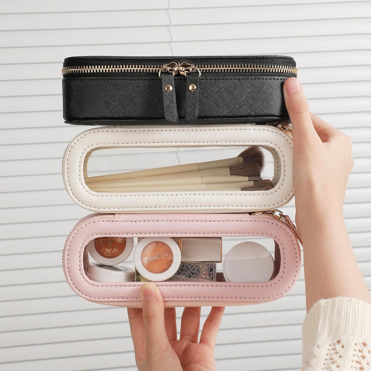 Aveniee Slim Clear Makeup Brush Bag, Small Cosmetic Brush Holder, Mini Toiletry Bag Travel Case for Women, Thin Make up Bags with Dual Zipper, Cute Travel Essentials Bag Organize - Taupe