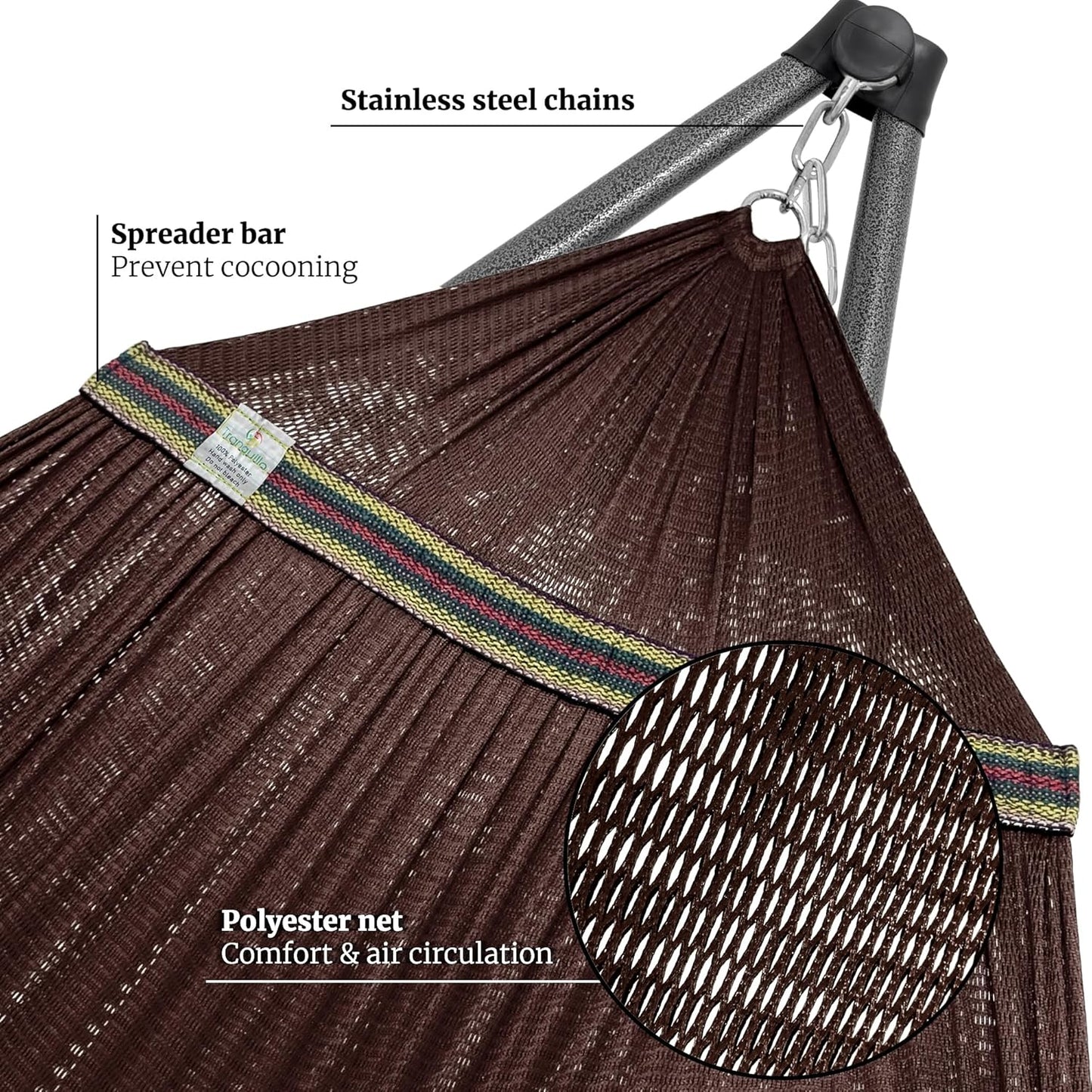 Tranquillo Universal Hammock with Stands Electro Static Coated Steel, Adjustable Foldable Hammock Stand with 2 Layered Polyester Net and Carry Bag for 2 Persons (Combo - Brown)