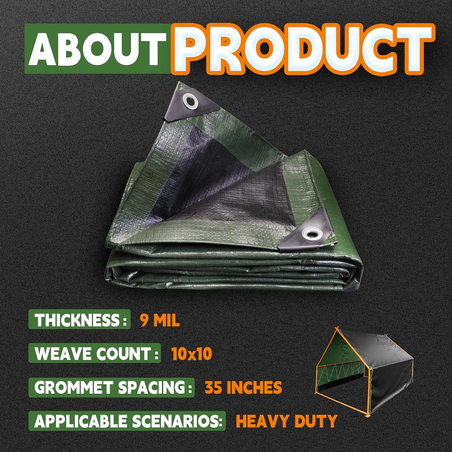 20x30 Feet Tarp Waterproof,9Mil Thick,Finished Size Tarps,UV Resistant,Durable,Multipurpose Poly Tarp Cover with Metal Grommets and Reinforced Edges,Green/Black by RAINDEWAY