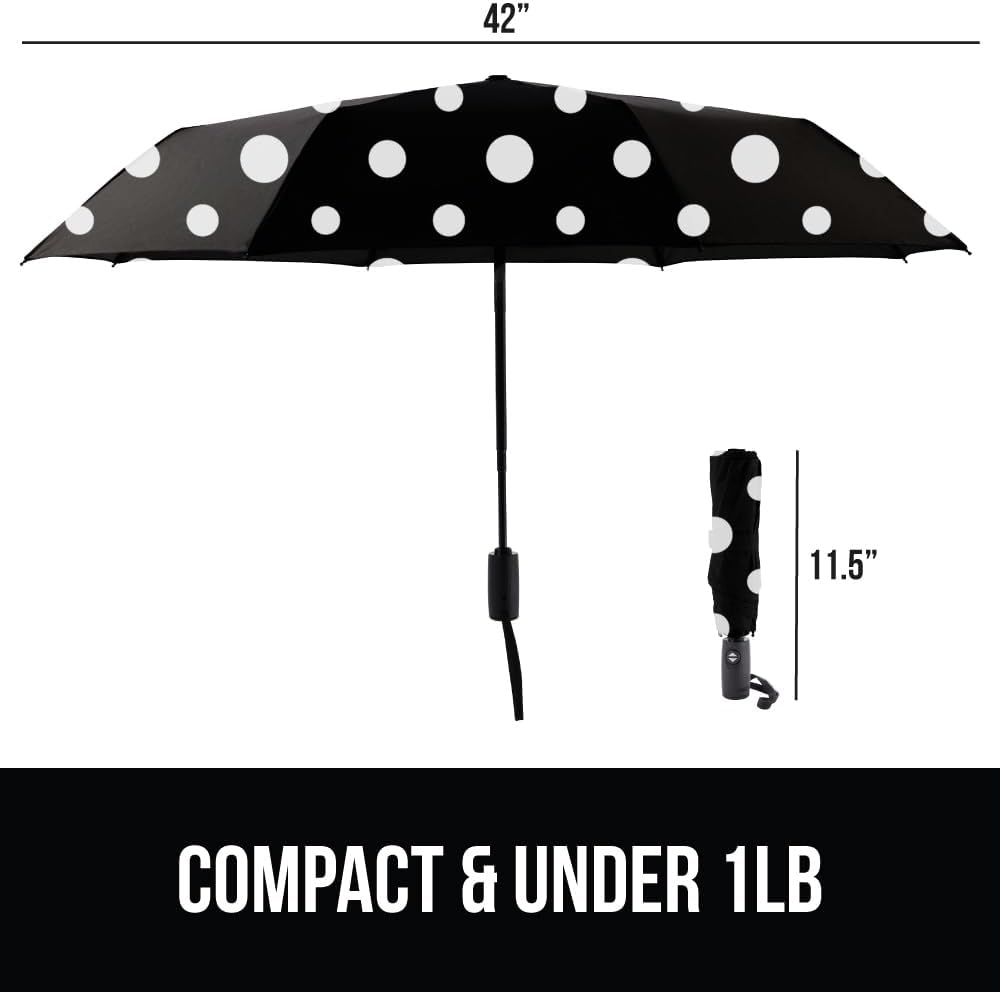 GORILLA GRIP Strong Stick Umbrella for Rain, Compact Travel One-Click Automatic Open Close, Lightweight, Portable, US Designed Reinforced Fiberglass Ribs, Wind Resistant, Easy Collapse, Polka Dots